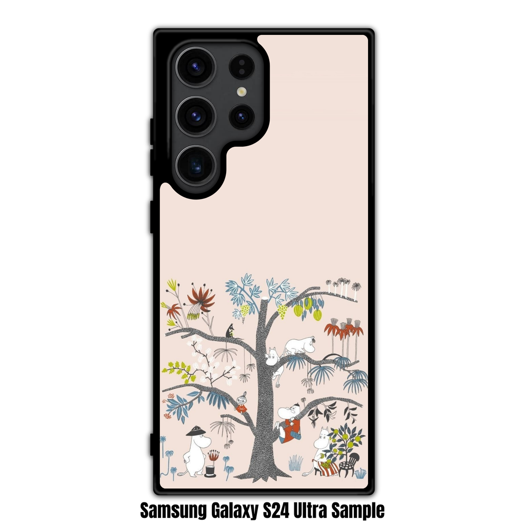 Moomins Phone Case For iPhone Samsung Galaxy Pixel - Moomin Characters In Big Tree In Light Pink Background