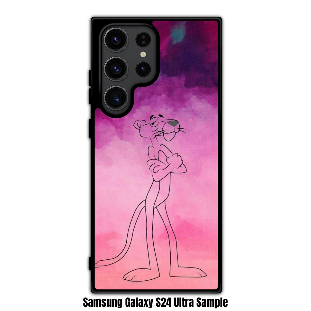 Pink Panther Phone Case For iPhone Samsung Galaxy Pixel - Pink Panther Outline Sketch With Crossed Arms In Pink Purple And Blue Watercolor Background