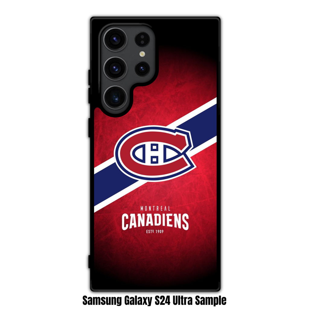 NHL Montreal Canadiens Phone Case For iPhone Samsung Galaxy Pixel - Montreal Canadiens Logo And Diagonal Stripes On Textured Red Background