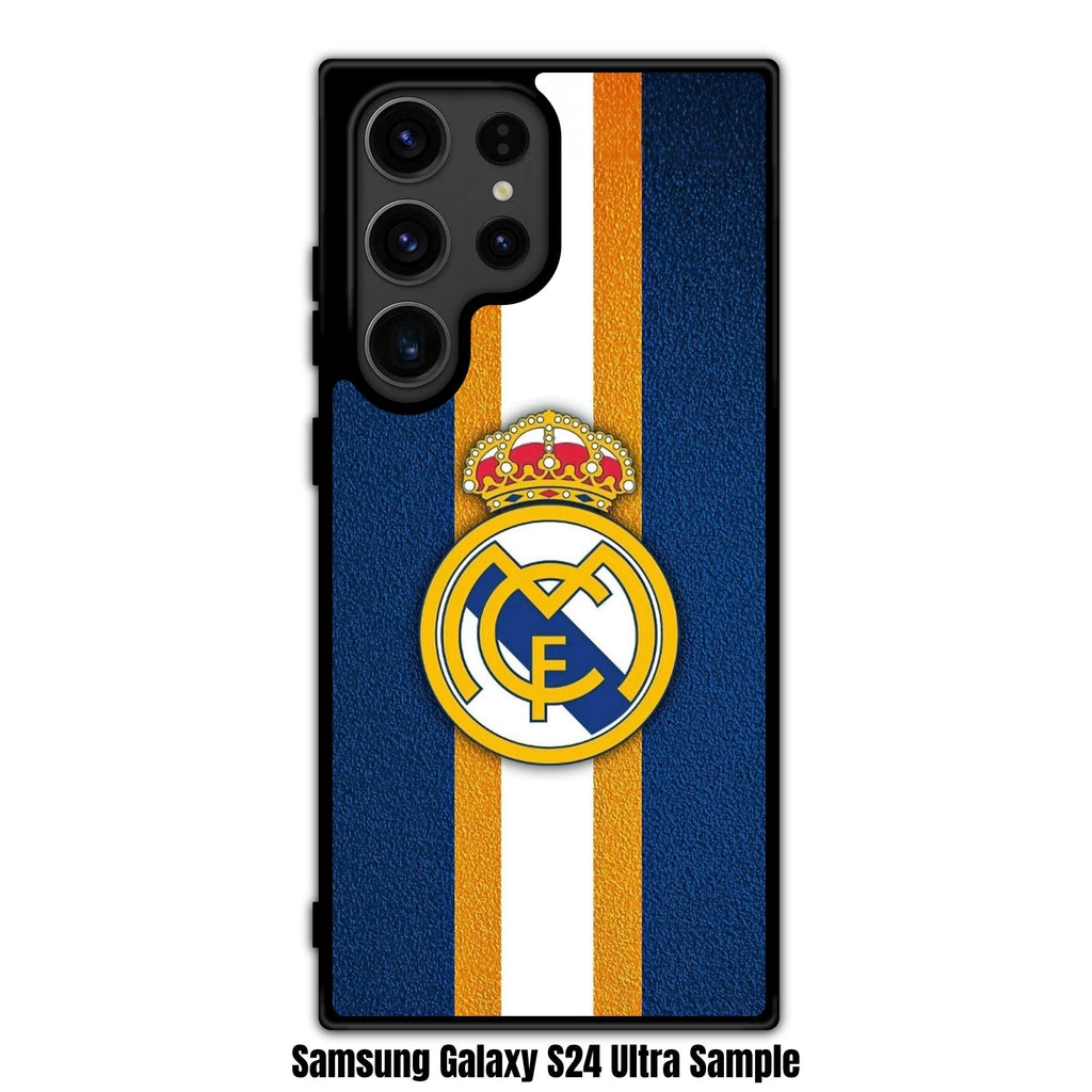 Real Madrid CF Phone Case For iPhone Samsung Galaxy Pixel - Real Madrid CF Logo On Textured Navy Background With Vertical White And Gold Stripes