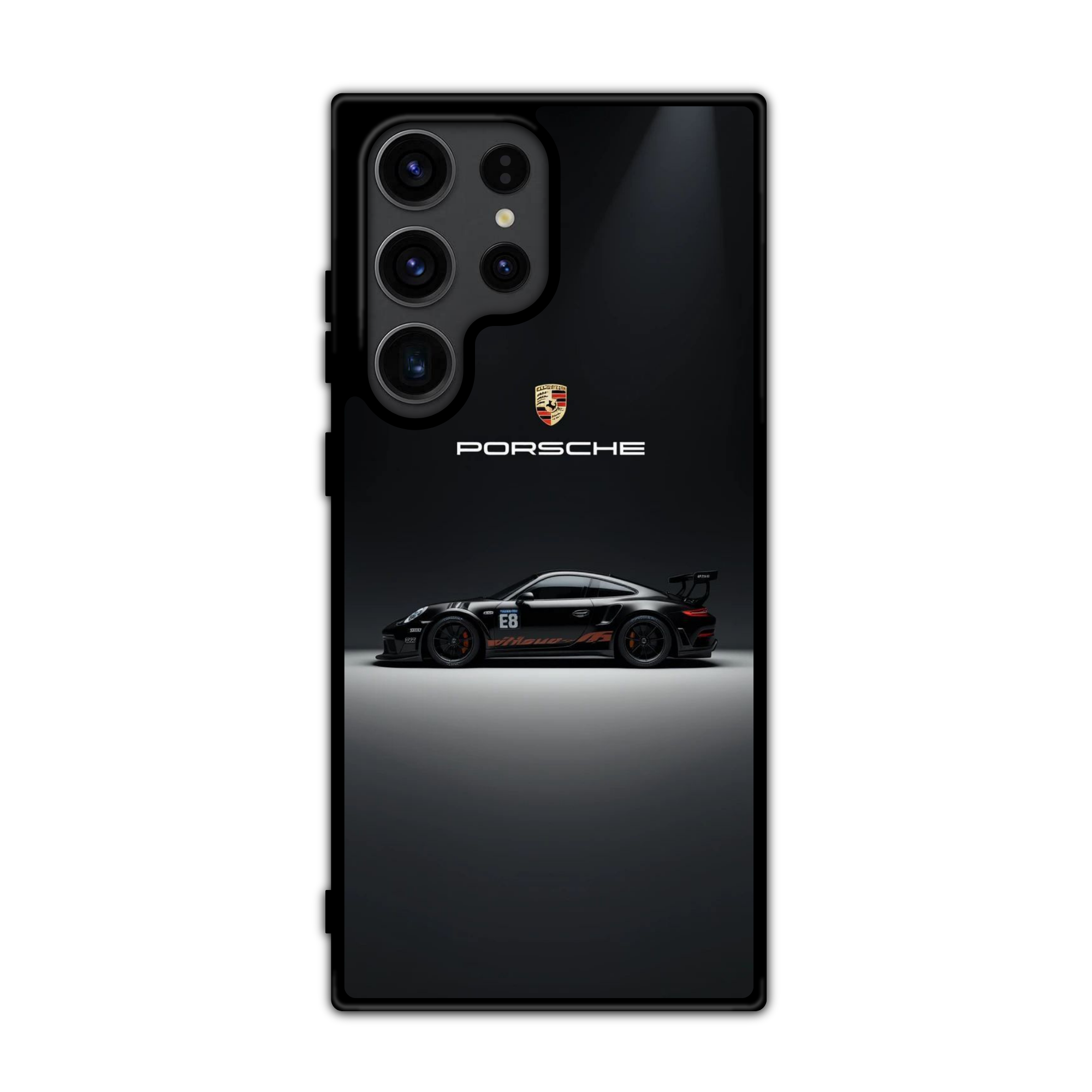 Porsche Phone Case For iPhone Samsung Galaxy Pixel - Porsche Logo And Porsche GT3 RS Spotlight Effect On Dark Background