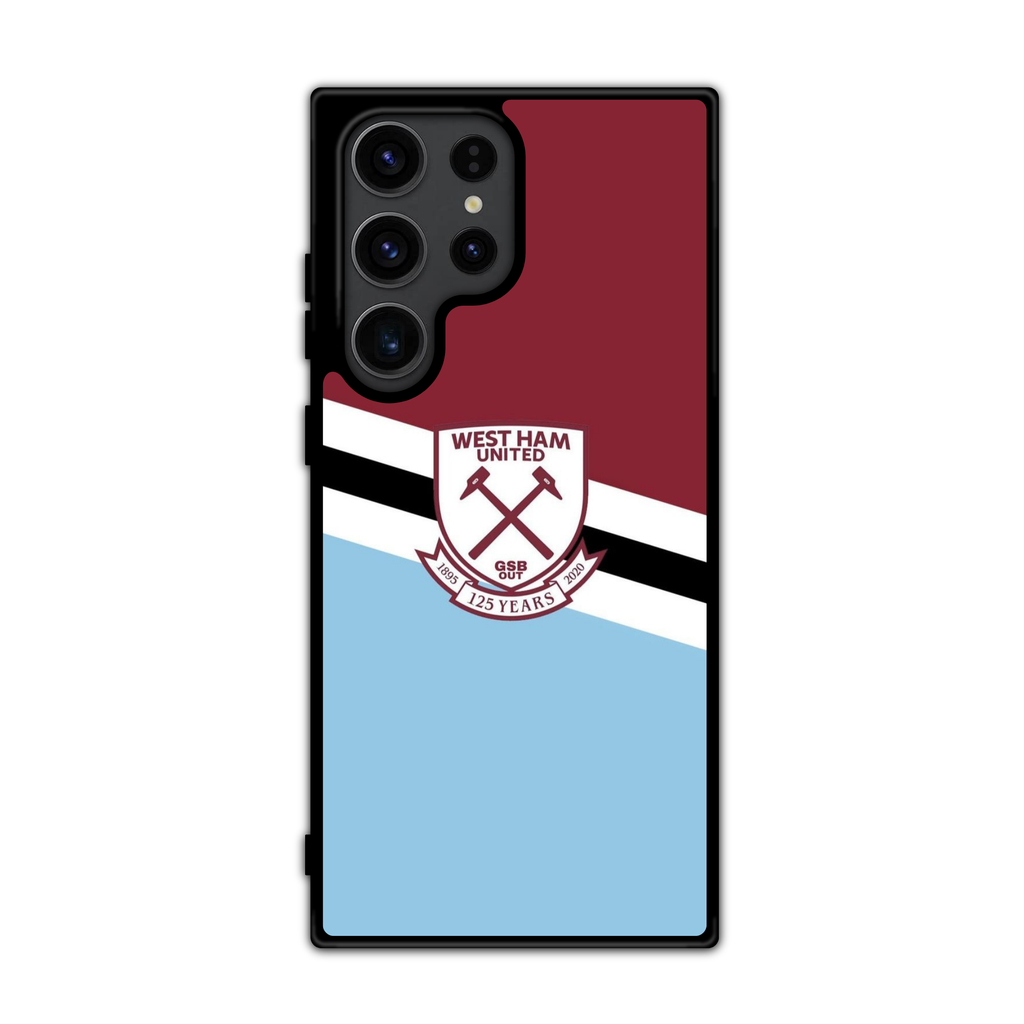 West Ham United FC Phone Case For iPhone Samsung Galaxy Pixel - West Ham United FC 125 Years Crest On Claret And Blue Diagonal Background