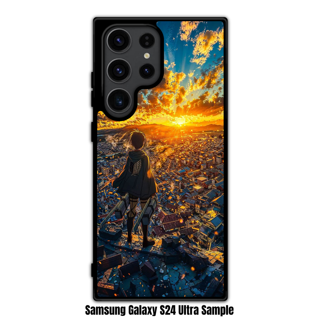 Attack on Titan Eren Phone Case For iPhone Samsung Galaxy Pixel - Eren Yeager Overlooking City At Sunset Background