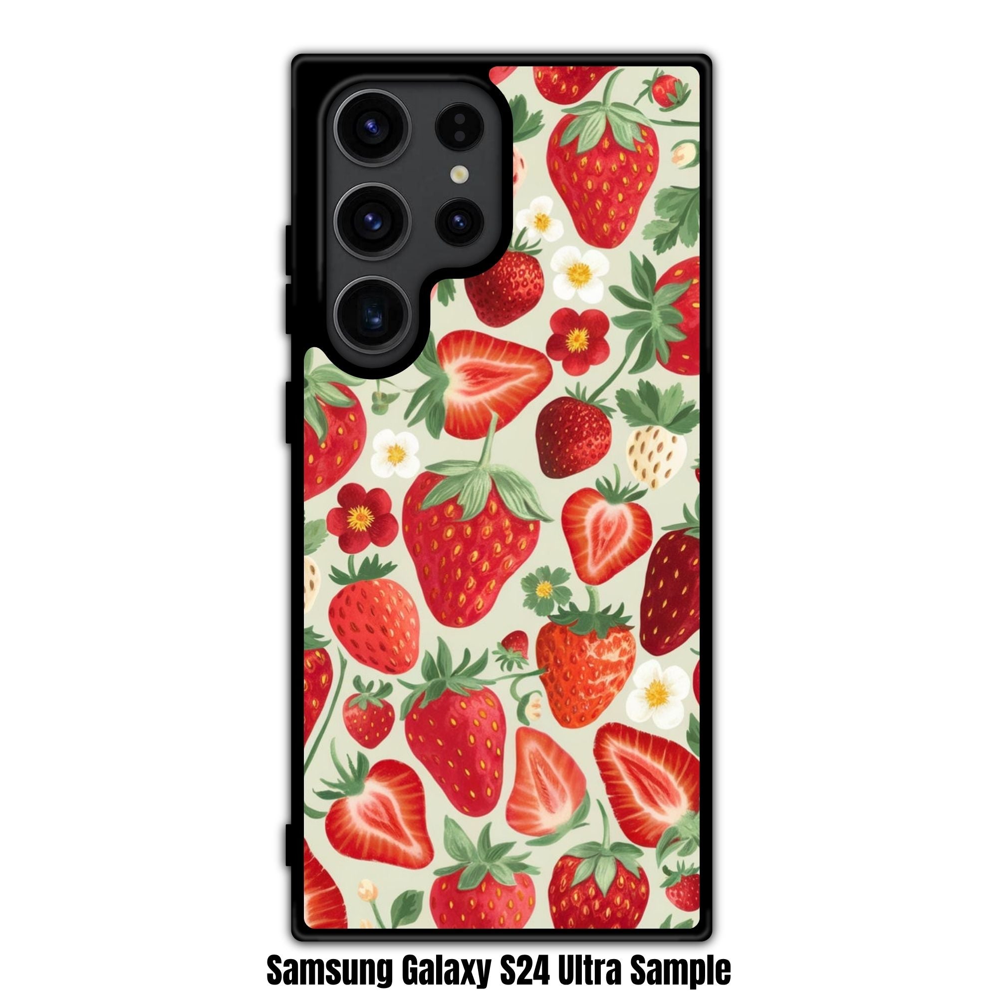 Strawberry Pattern Phone Case For iPhone Samsung Galaxy Pixel - Illustrated Strawberry And Flower Pattern On Cream Background