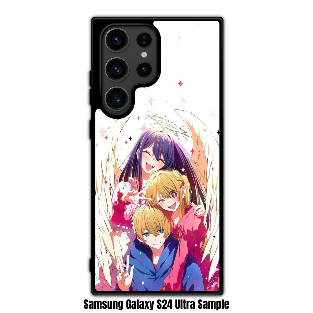 Oshi No Ko Phone Case For iPhone Samsung Galaxy Pixel - The Hoshino Family With Angel Wings And Stars On White Background