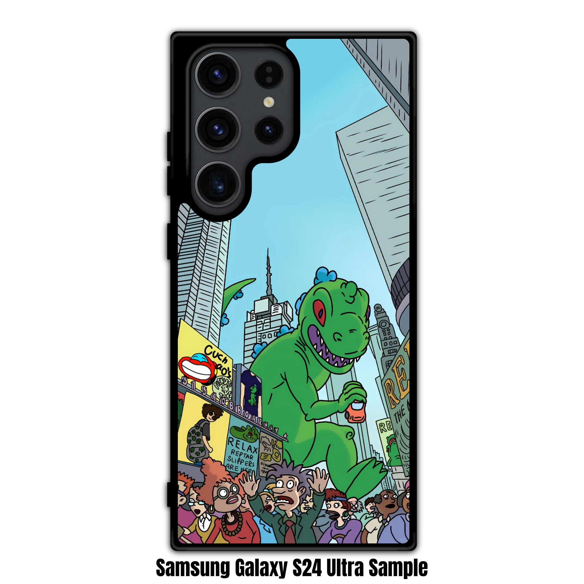 Rugrats Reptar Phone Case For iPhone Samsung Galaxy Pixel - Reptar Towering Over A Crowded City Street Background