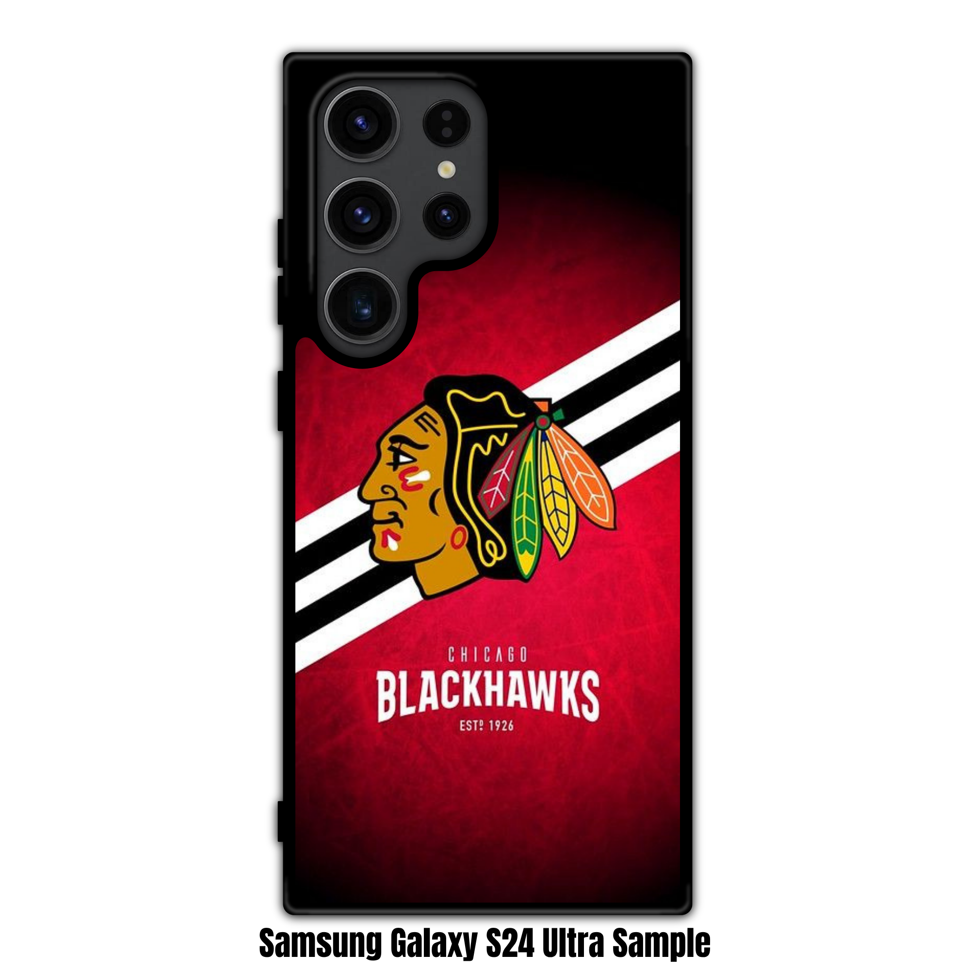 NHL Chicago Blackhawks Phone Case For iPhone Samsung Galaxy Pixel - Chicago Blackhawks Logo And Diagonal Stripes On Textured Red Background