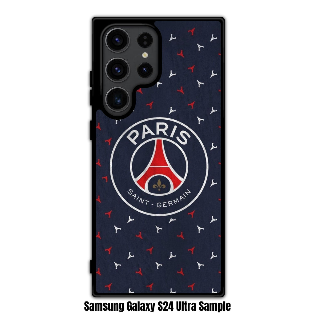 Paris Saint Germain FC Phone Case For iPhone Samsung Galaxy Pixel -  Paris Saint Germain FC Centered Crest On Wrinkled Dark Blue Fabric Texture Monogram Background