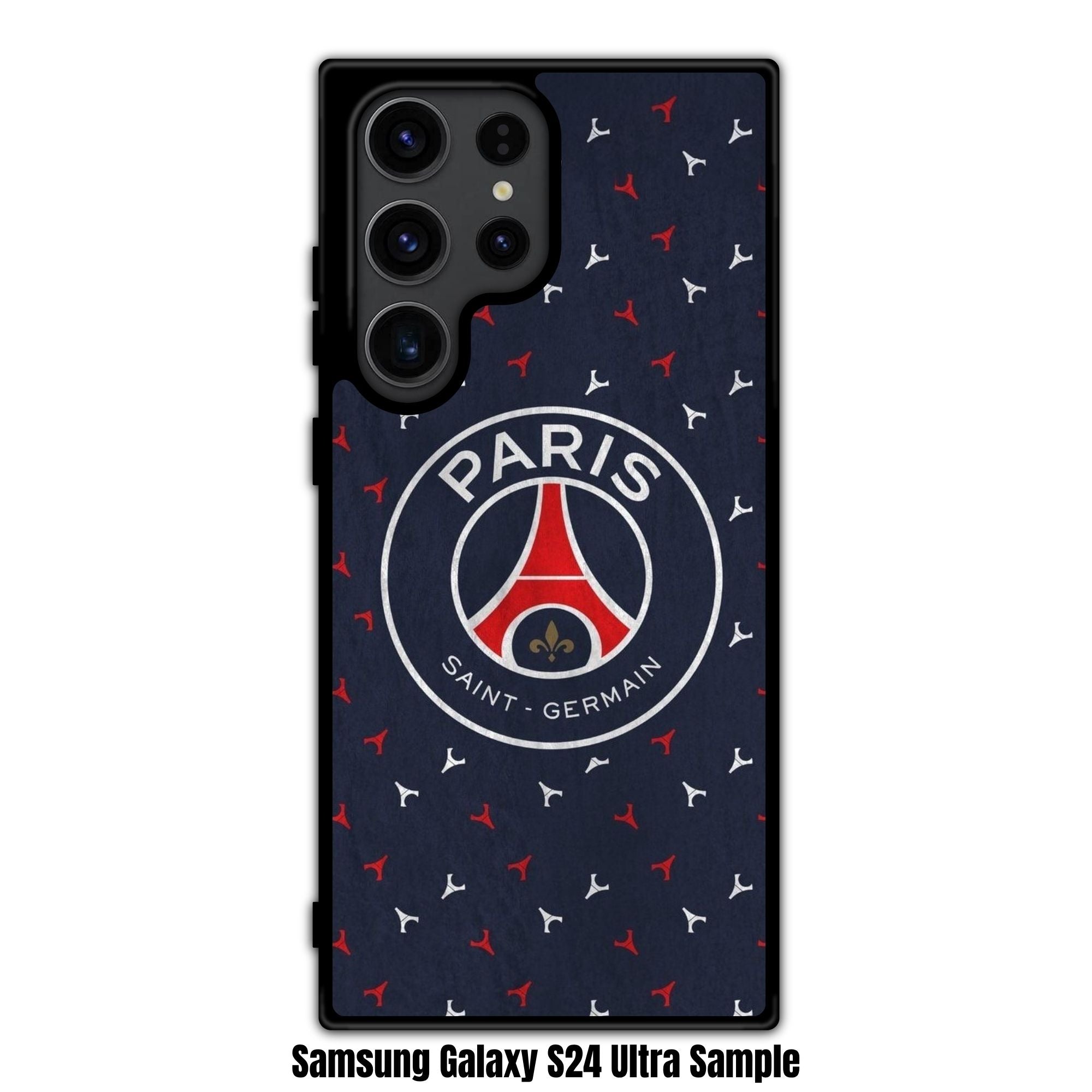 Paris Saint Germain FC Phone Case For iPhone Samsung Galaxy Pixel -  Paris Saint Germain FC Centered Crest On Wrinkled Dark Blue Fabric Texture Monogram Background