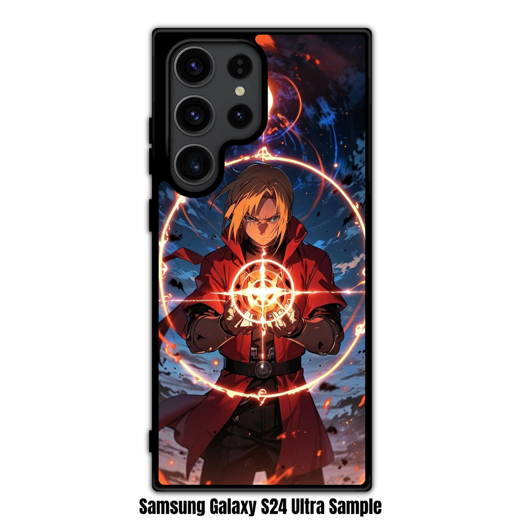 Fullmetal Alchemist Edward Phone Case For iPhone Samsung Galaxy Pixel - Edward Elric Performing Alchemy Within A Flaming Transmutation Circle On Dark Blue Background