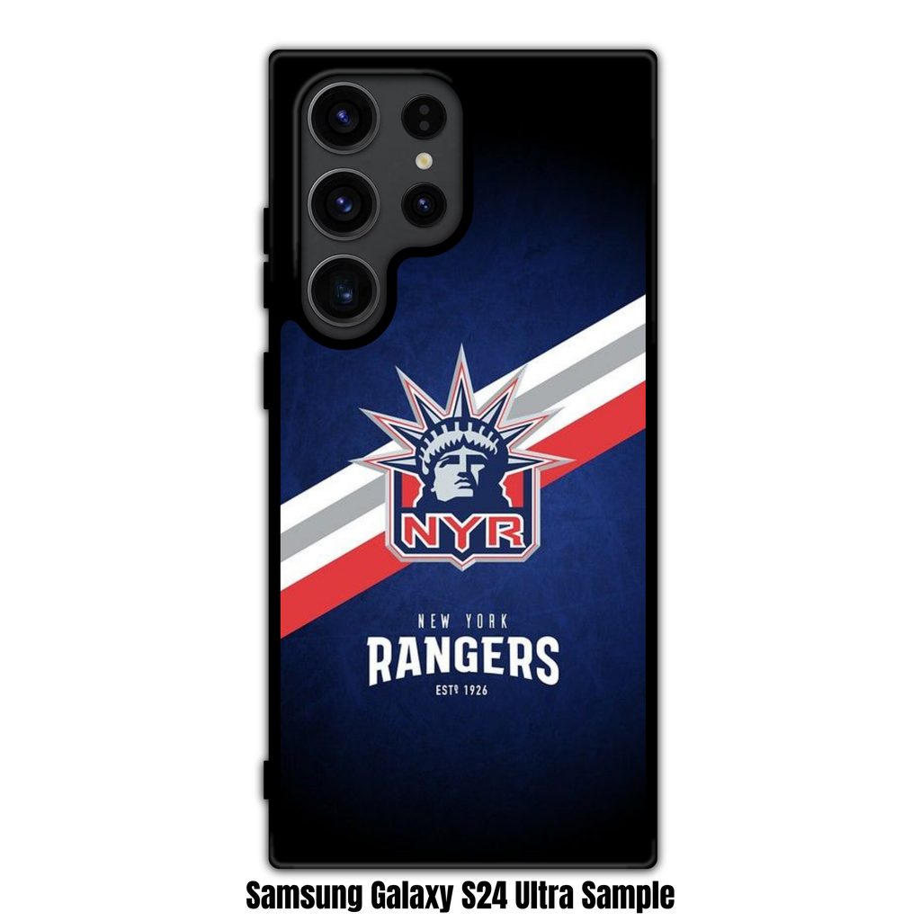 NHL New York Rangers Phone Case For iPhone Samsung Galaxy Pixel - New York Rangers Lady Liberty Logo And Diagonal Stripes On Textured Blue Background