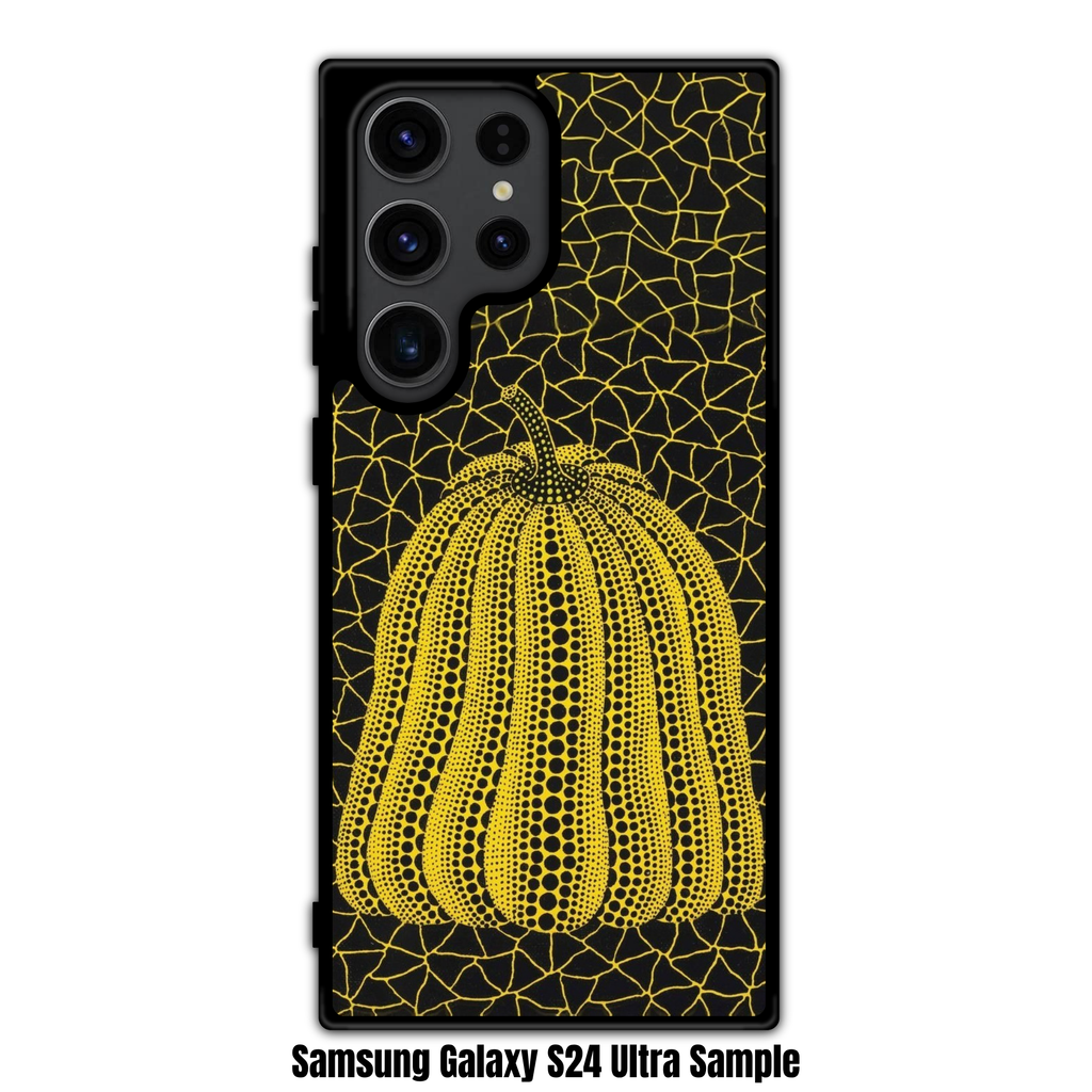 Yayoi Kusama Phone Case For iPhone Samsung Galaxy Pixel - Yellow Pumpkin With Black Polka Dots On Black Crackle Background