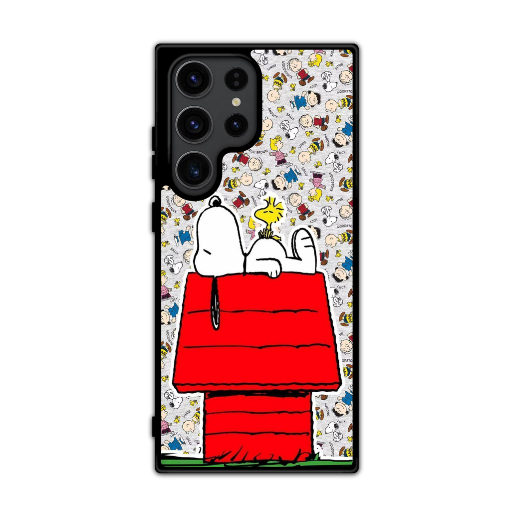 Peanuts Snoopy Phone Case For iPhone Samsung Galaxy Pixel - Peanuts Snoopy And Woodstock On Red Doghouse With Peanuts Gang Background