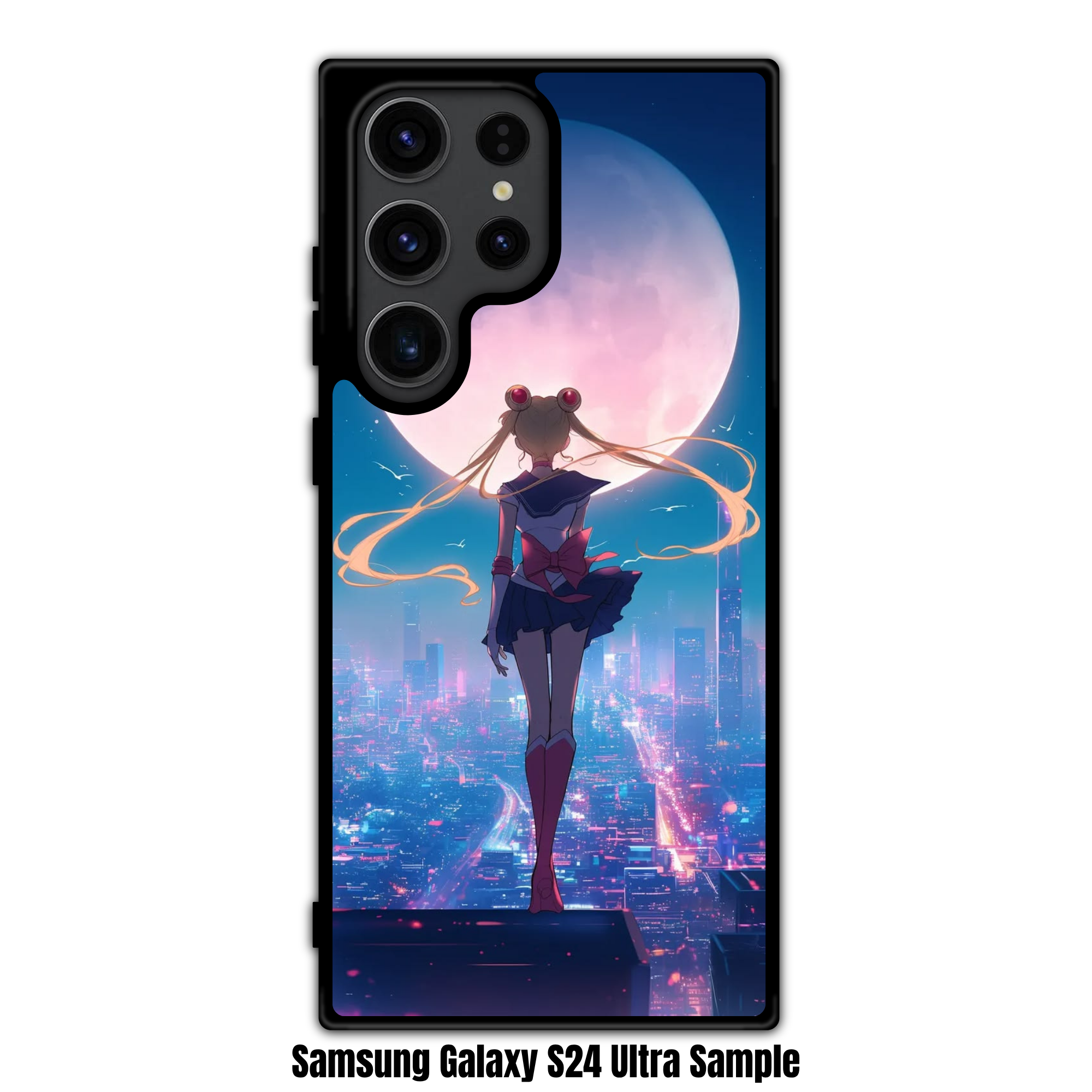 Sailor Moon Phone Case For iPhone Samsung Galaxy Pixel - Sailor Moon Back View On Luminous Pink Moon And Futuristic Cyberpunk Cityscape Background