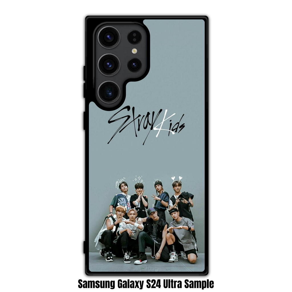 Stray Kids Phone Case For iPhone Samsung Galaxy Pixel - Stray Kids Members Group Photo With Logo On Muted Grey Blue Background