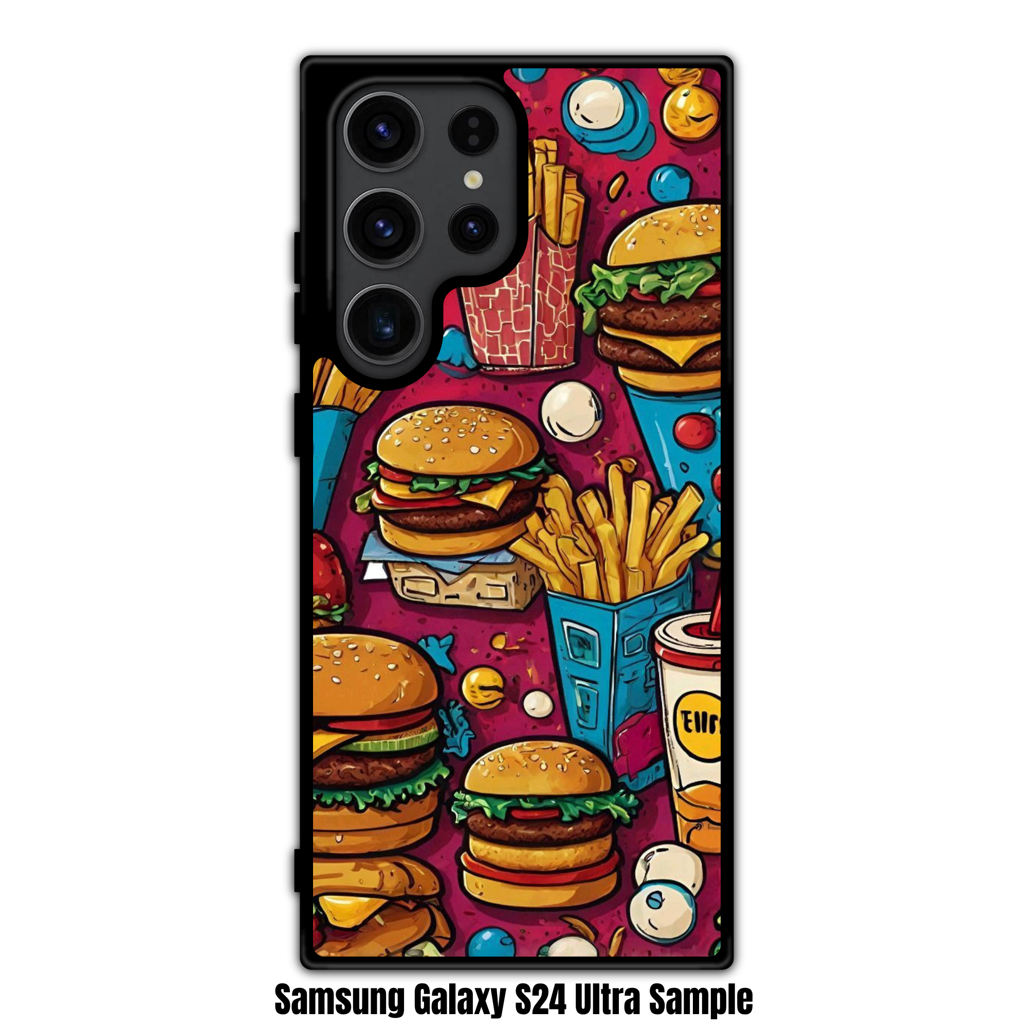 Burger And Fries Pattern Phone Case For iPhone Samsung Galaxy Pixel - Bold Graffiti Burger And Fries Pattern In Magenta Background