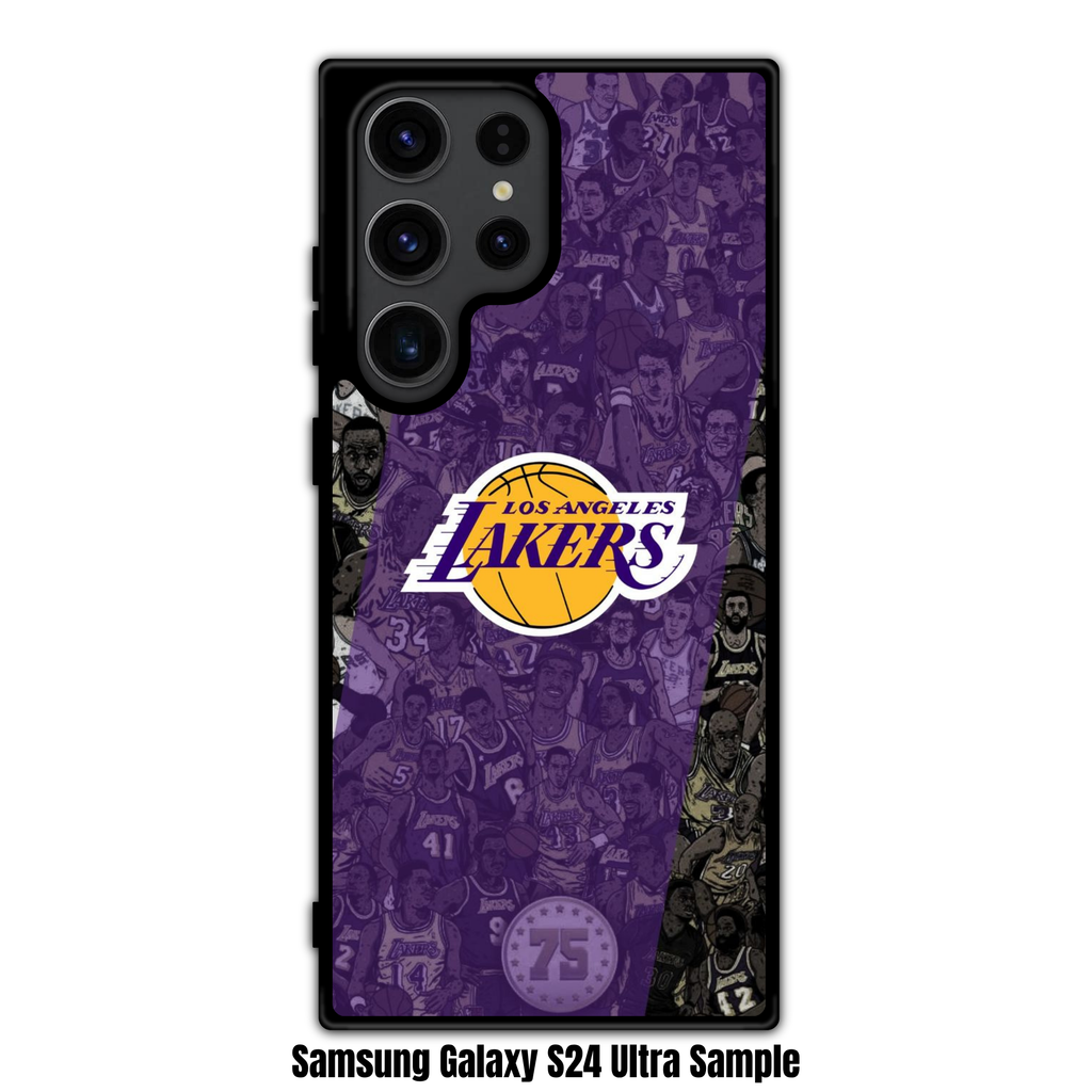 NBA Los Angeles Lakers Phone Case For iPhone Samsung Galaxy Pixel - Los Angeles Lakers Logo And Players Collage On Purple Stripe Background