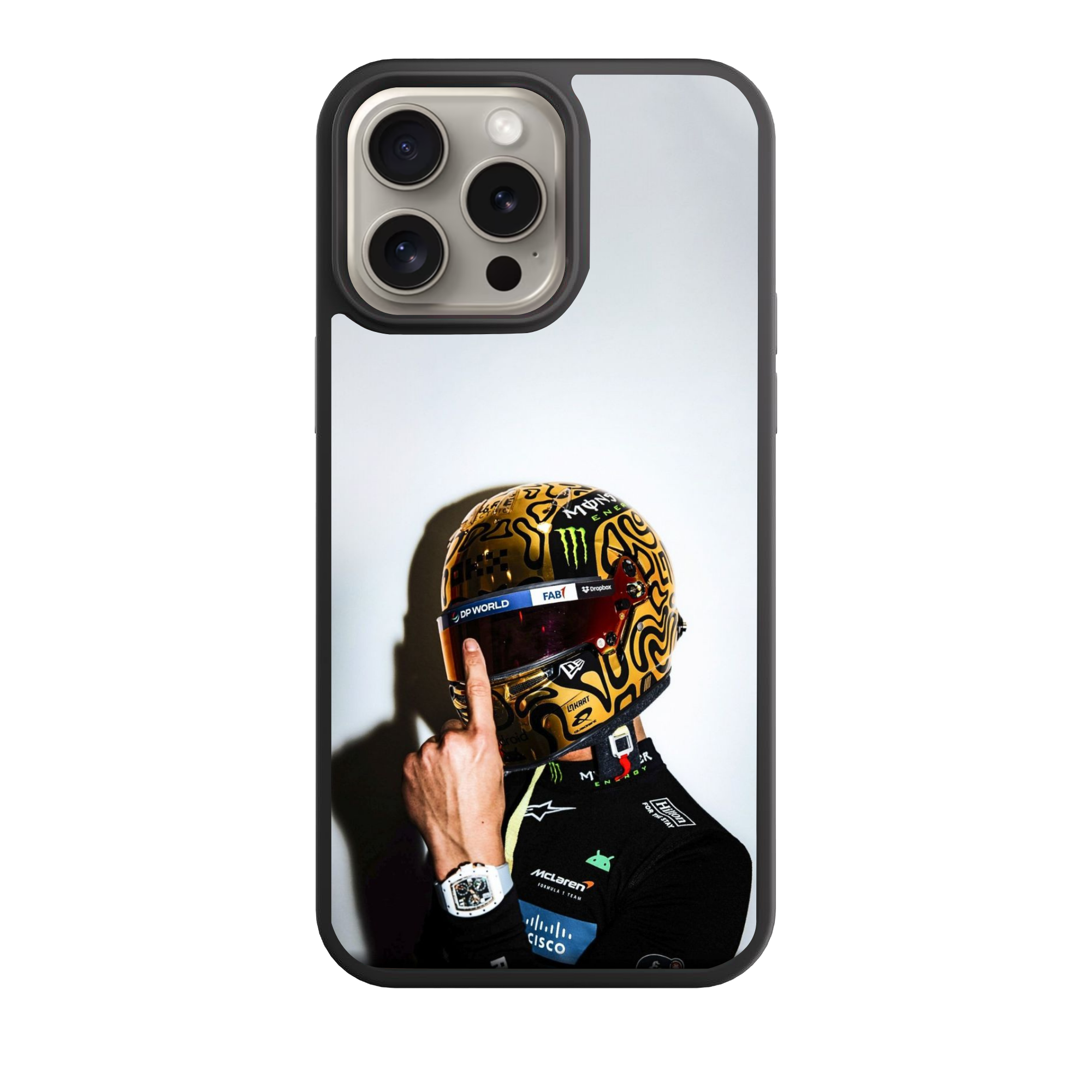 F1 Formula 1 Lando Norris Phone Case For iPhone Samsung Galaxy Pixel - Lando Norris Gold Chrome Blob Pattern Racing Helmet Shoulders Up Poster