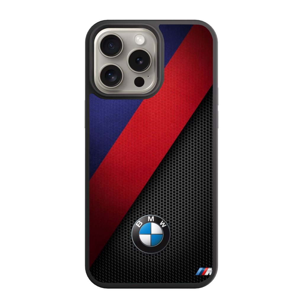 BMW Phone Case For iPhone Samsung Galaxy Pixel - BMW Logo And Diagonal M Stripes On Mesh Background