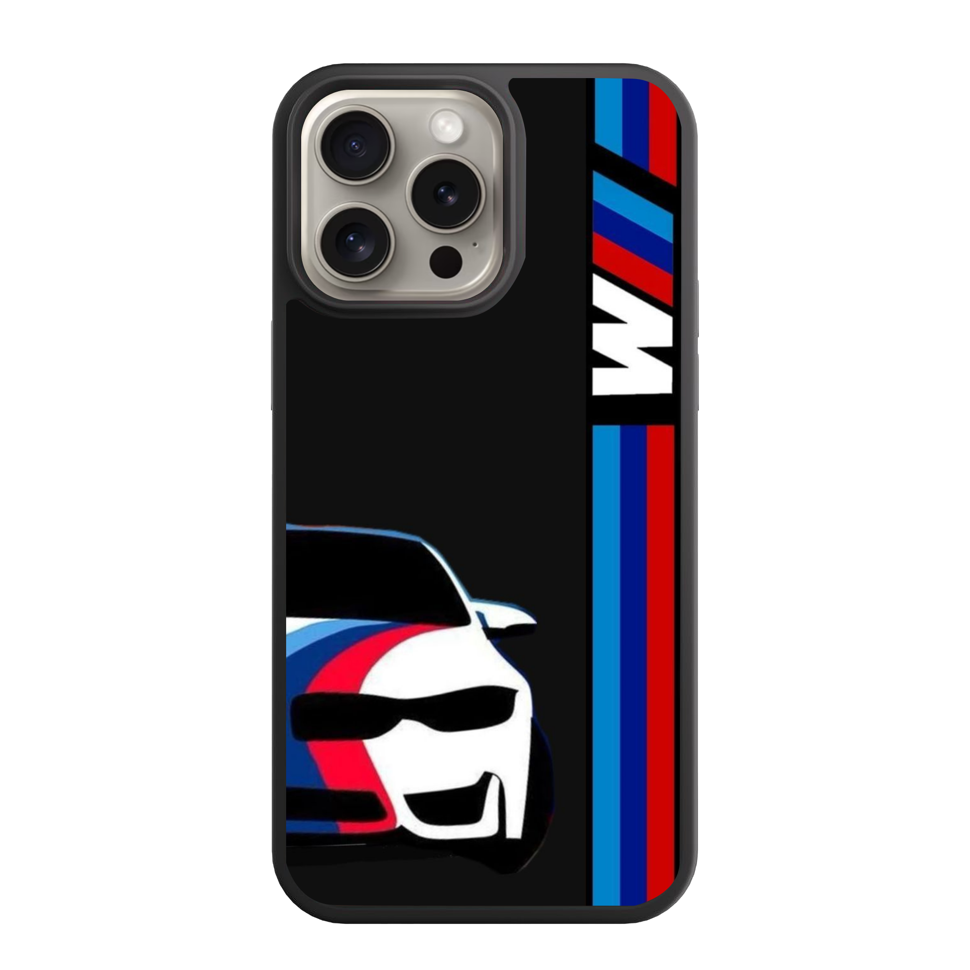 BMW Phone Case For iPhone Samsung Galaxy Pixel - BMW M4 Outlined Car And Vertical M Stripes On Black Background