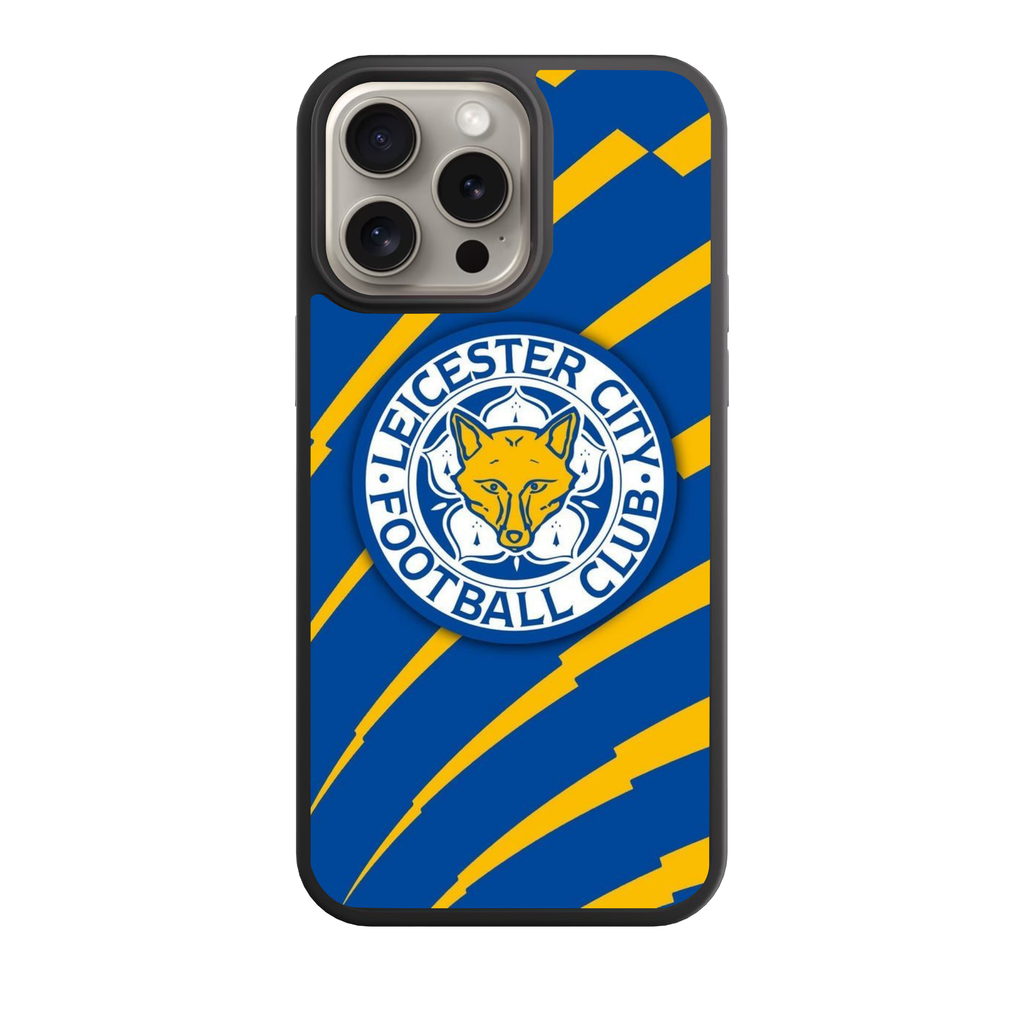 Leicester City FC Phone Case For iPhone Samsung Galaxy Pixel - Leicester City FC Crest On Blue And Yellow Patterned Background