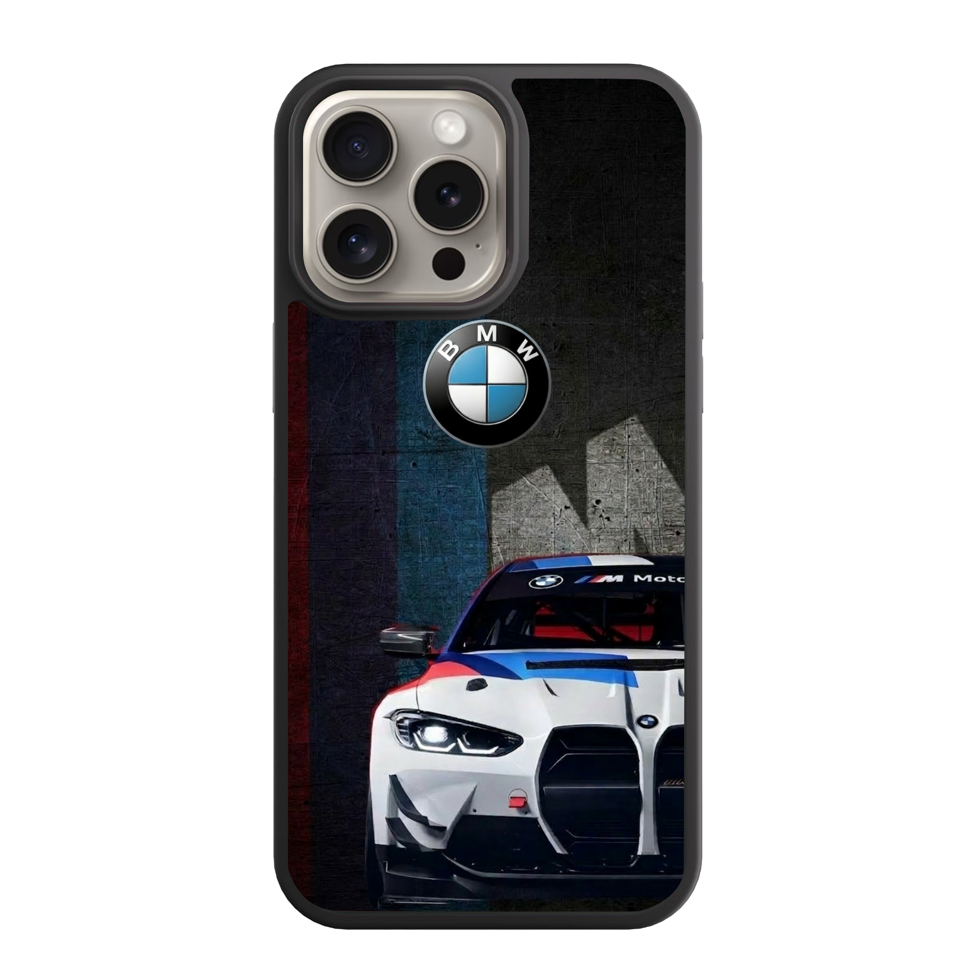 BMW Phone Case For iPhone Samsung Galaxy Pixel - BMW M4 GT4 And Logo On Textured M Stripes Background
