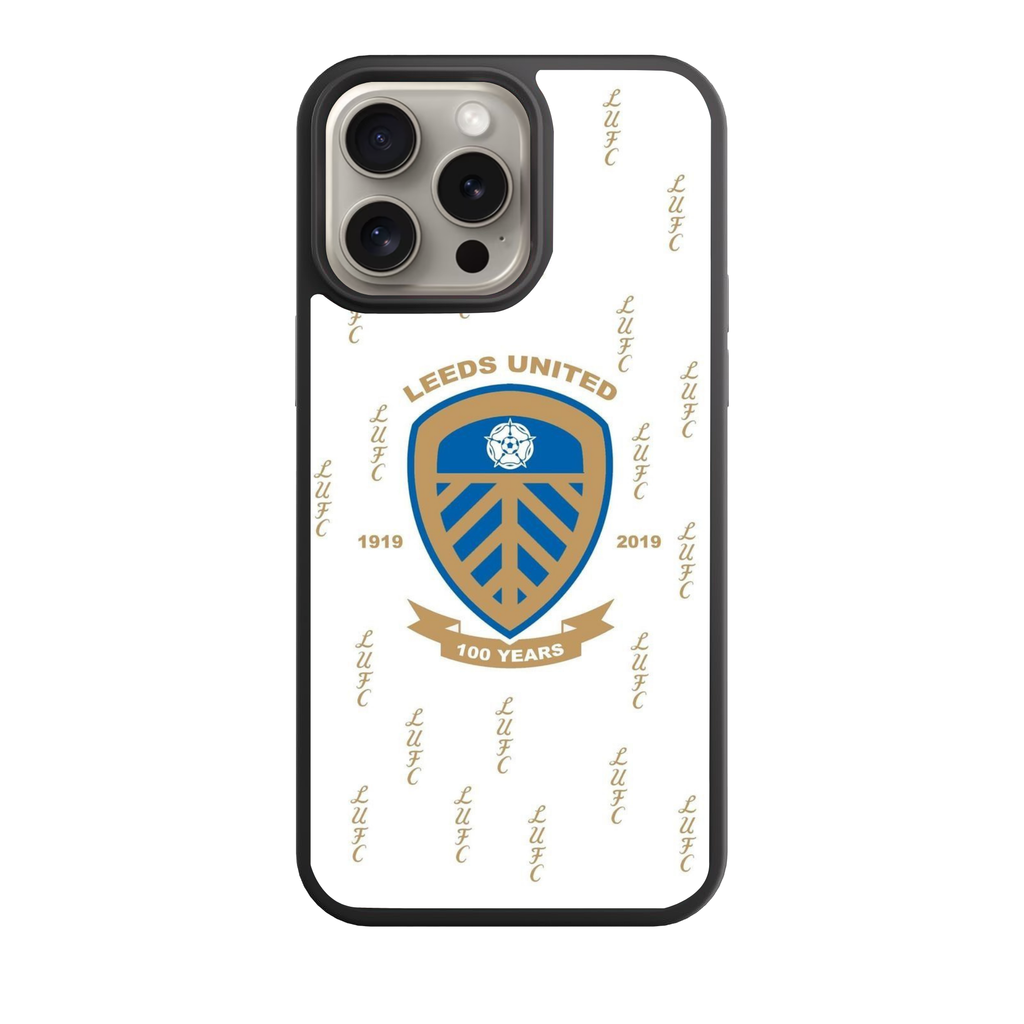 Leeds United FC Phone Case For iPhone Samsung Galaxy Pixel - Leeds United FC Centenary Crest On White Patterned Background