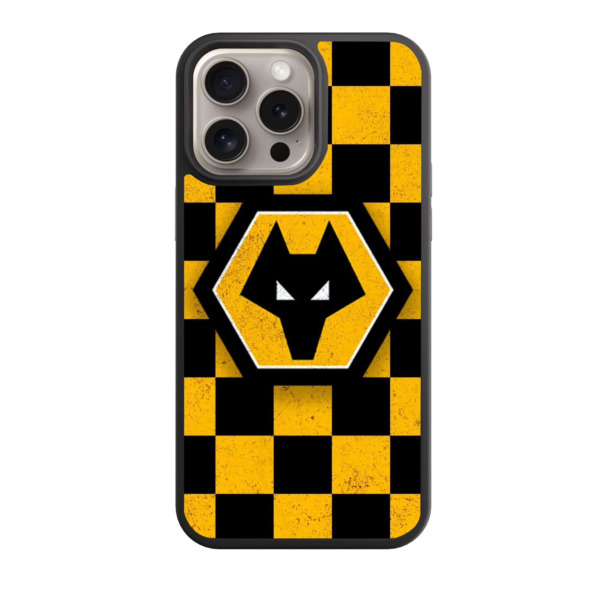Wolverhampton Wanderers FC Phone Case For iPhone Samsung Galaxy Pixel - Wolverhampton Wanderers FC Crest On Distressed Yellow And Black Checkerboard Background