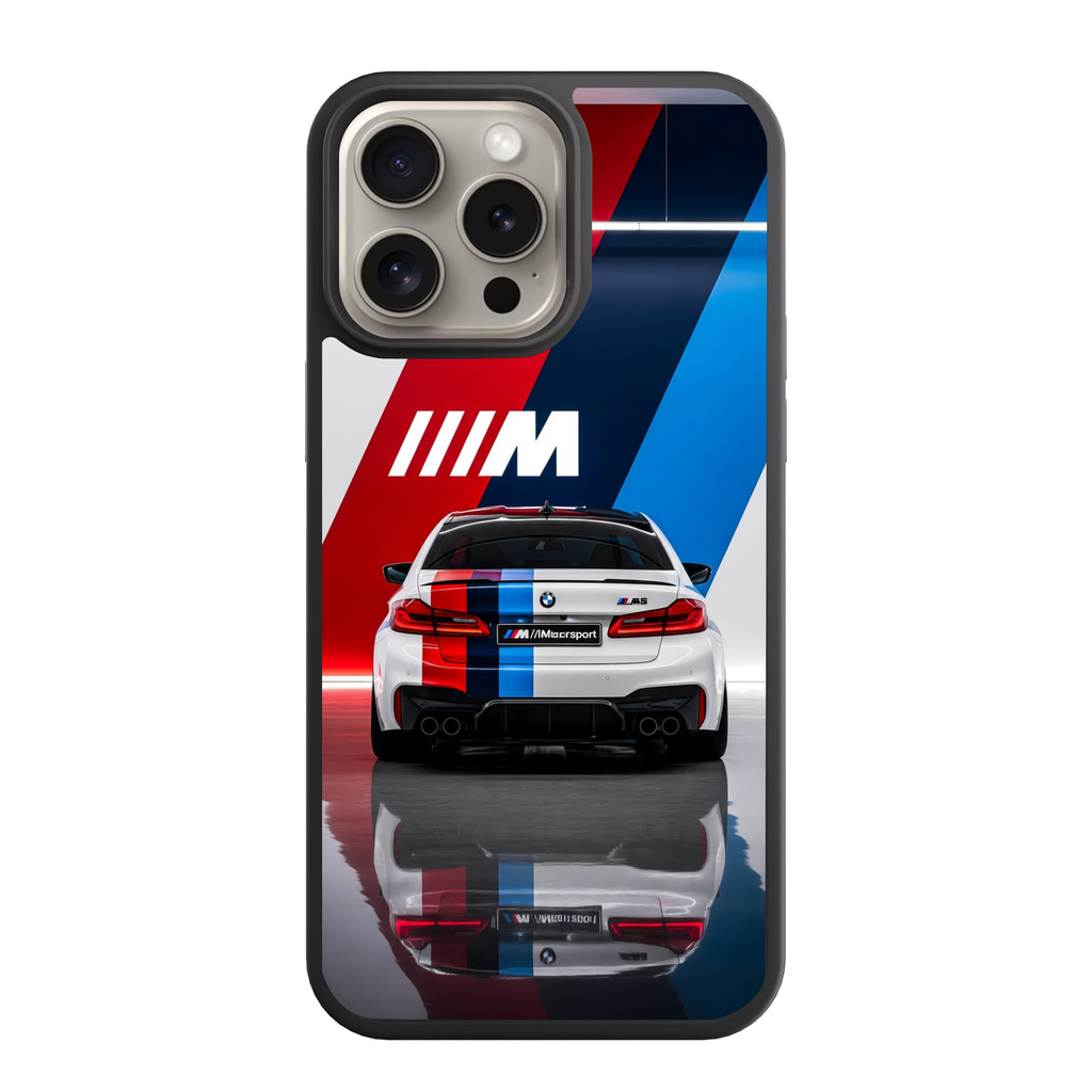 BMW Phone Case For iPhone Samsung Galaxy Pixel - BMW M5 MotoGP Safety Car And M Stripes On Reflective Floor Background