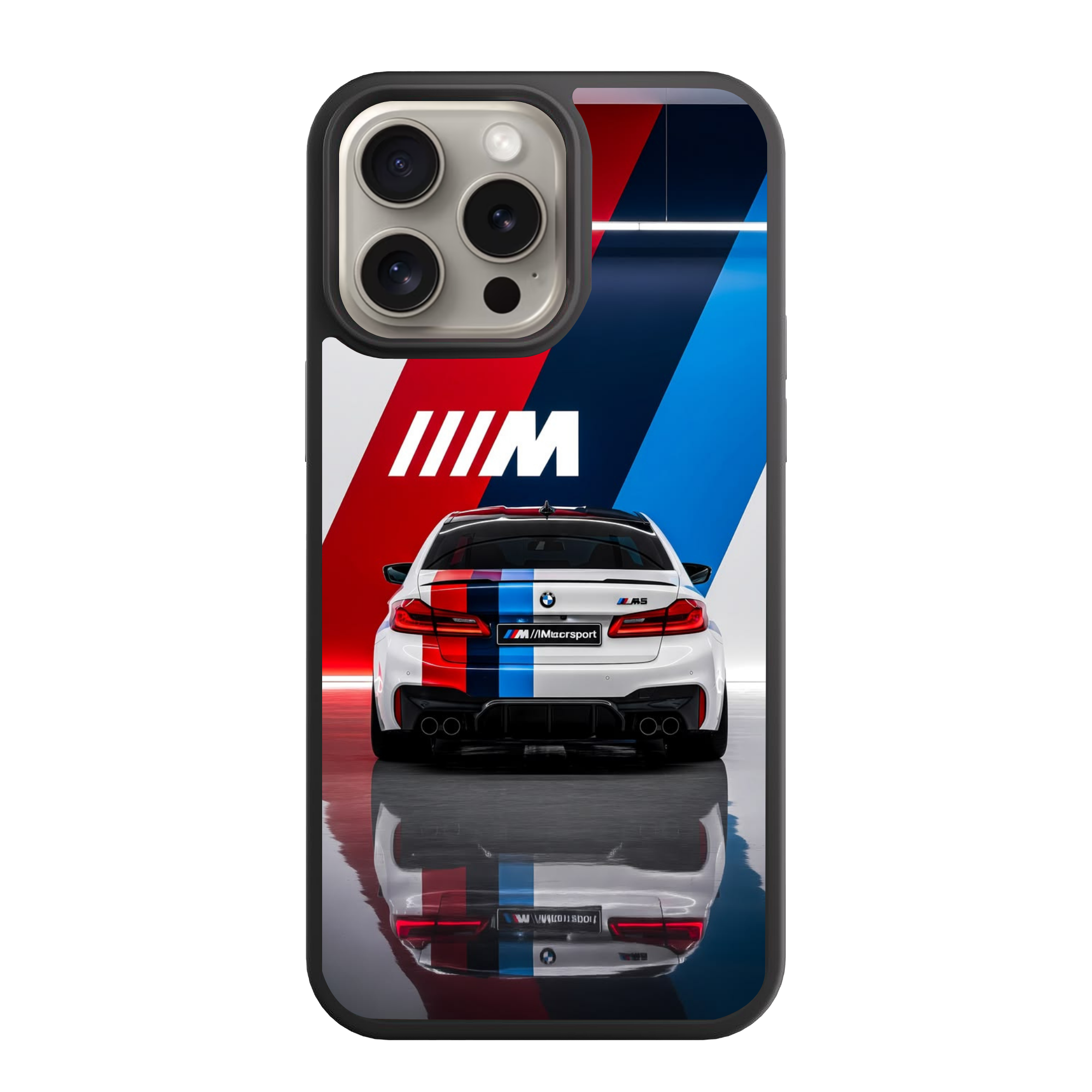 BMW Phone Case For iPhone Samsung Galaxy Pixel - BMW M5 MotoGP Safety Car And M Stripes On Reflective Floor Background
