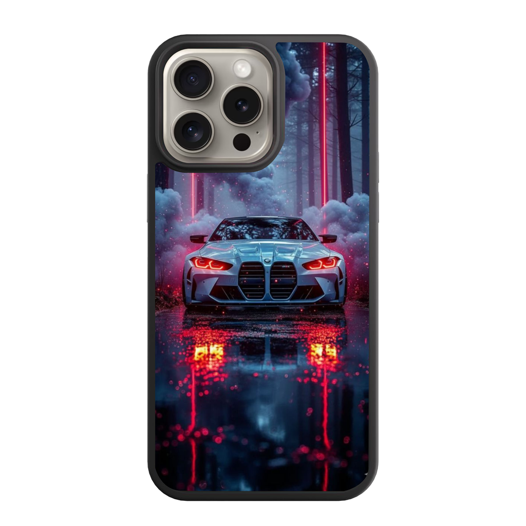 BMW Phone Case For iPhone Samsung Galaxy Pixel - BMW M4 Competition Car And Red Neon Lights On Wet Forest Background