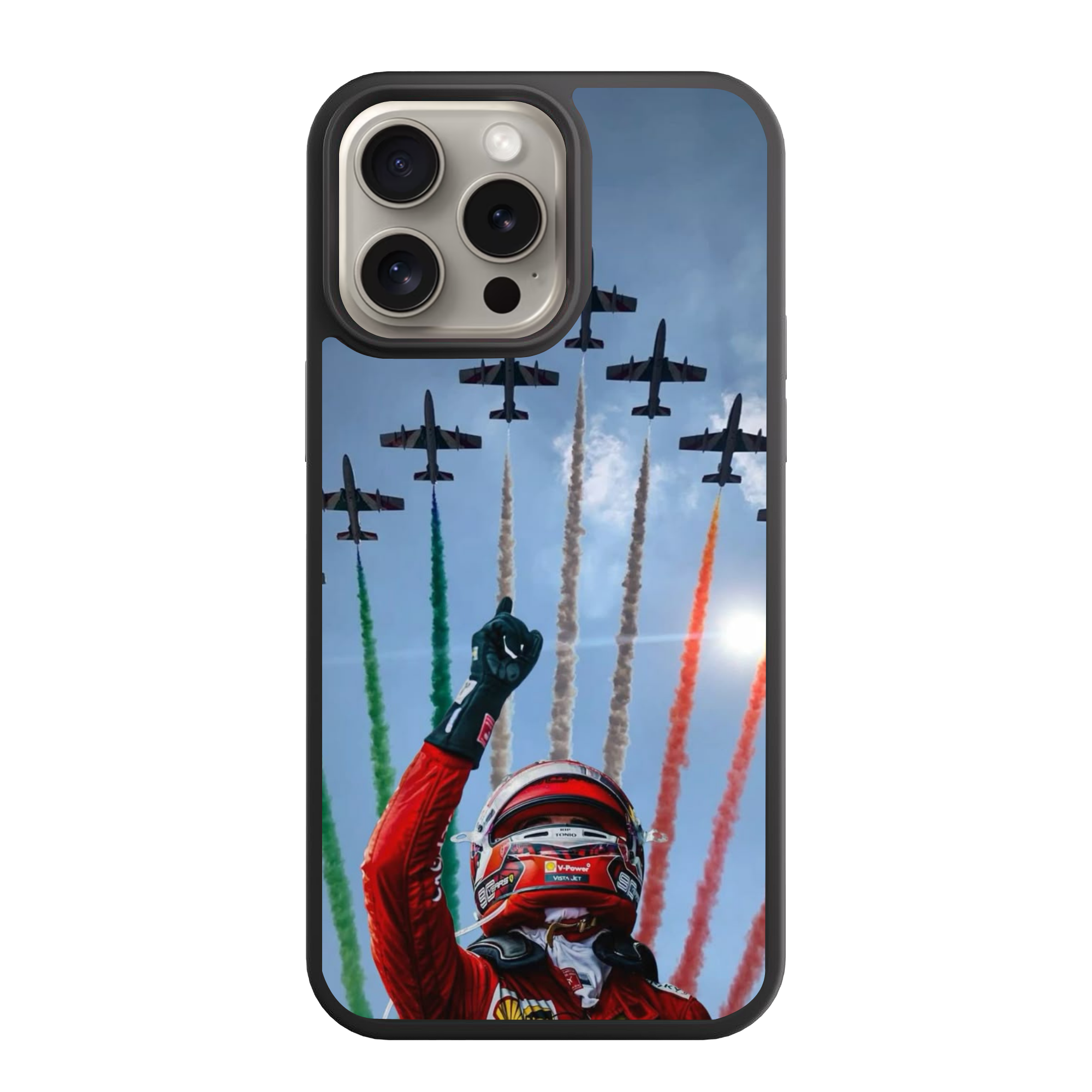 F1 Formula 1 Charles Leclerc Phone Case For iPhone Samsung Galaxy Pixel - Charles Leclerc Pointing At Frecce Tricolori Jets At Monza Background