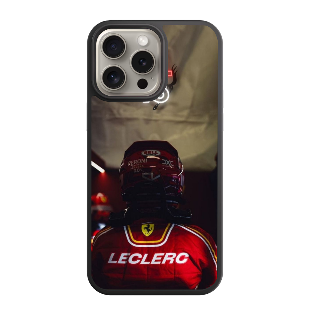 F1 Formula 1 Charles Leclerc Phone Case For iPhone Samsung Galaxy Pixel - Charles Leclerc Back Portrait And Neon CL16 Logo On Dark Ferrari Background