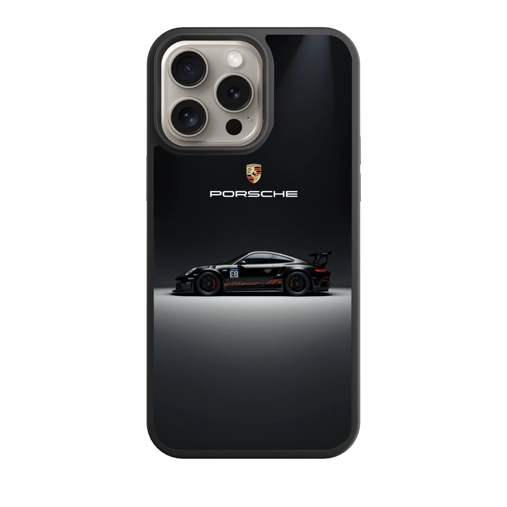 Porsche Phone Case For iPhone Samsung Galaxy Pixel - Porsche Logo And Porsche GT3 RS Spotlight Effect On Dark Background