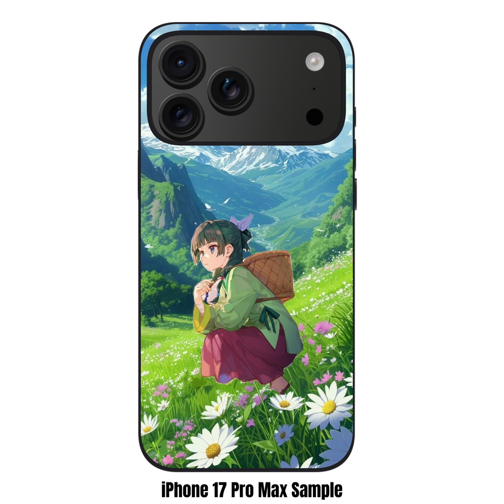 The Apothecary Diaries Maomao Phone Case For iPhone Samsung Galaxy Pixel - Maomao Squatting In A Flower Field With A Basket On A Mountain Background