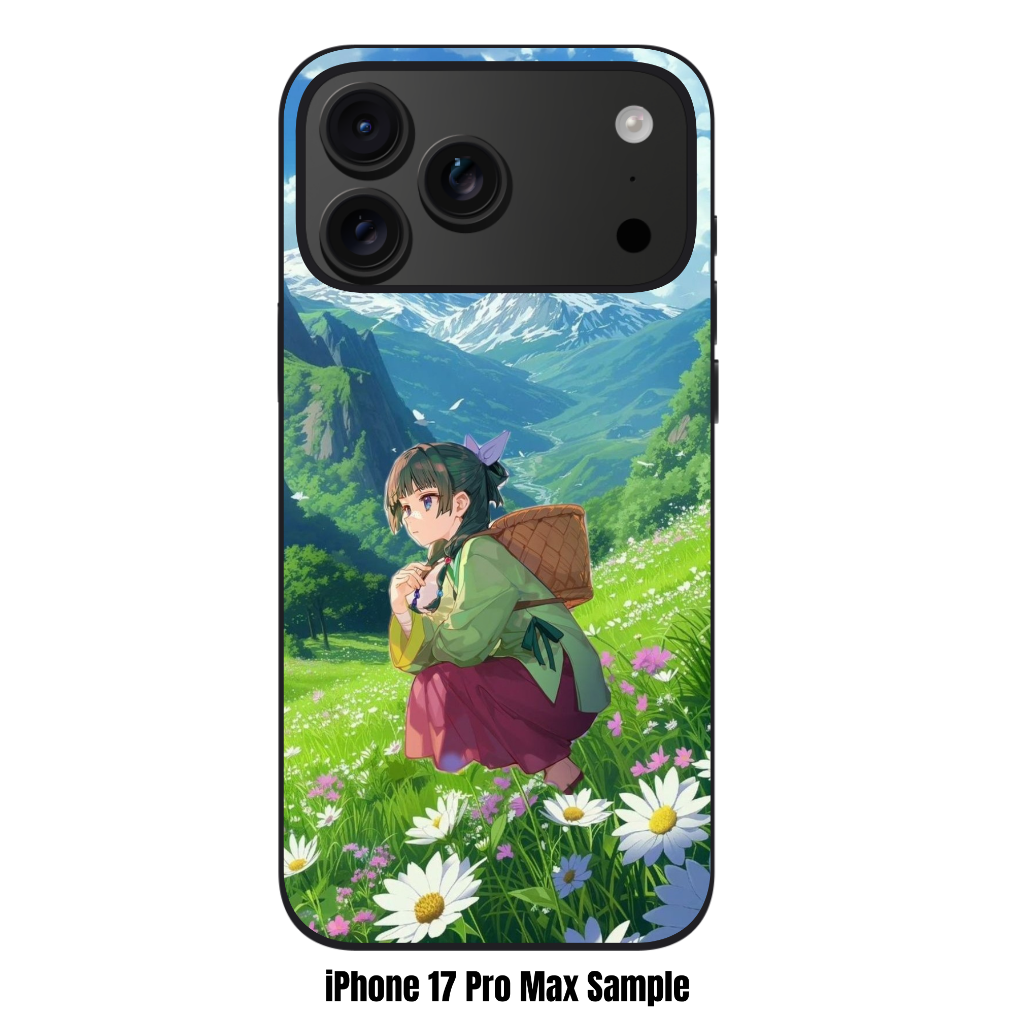 The Apothecary Diaries Maomao Phone Case For iPhone Samsung Galaxy Pixel - Maomao Squatting In A Flower Field With A Basket On A Mountain Background