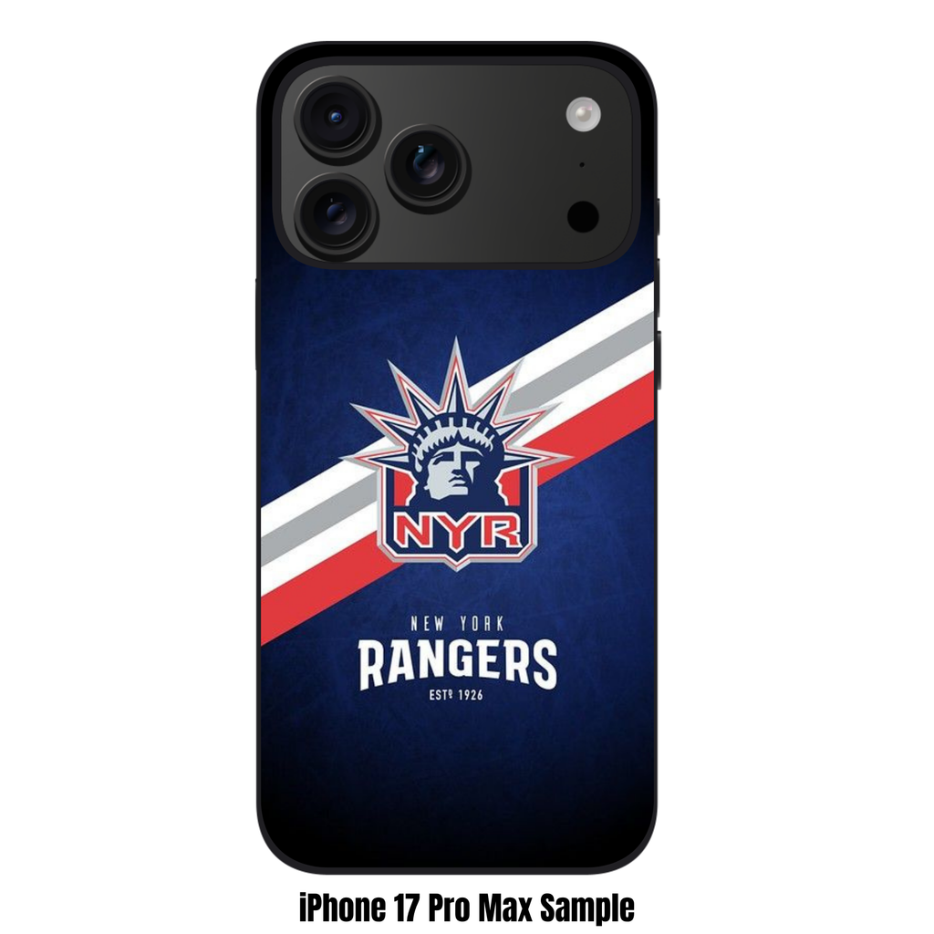 NHL New York Rangers Phone Case For iPhone Samsung Galaxy Pixel - New York Rangers Lady Liberty Logo And Diagonal Stripes On Textured Blue Background
