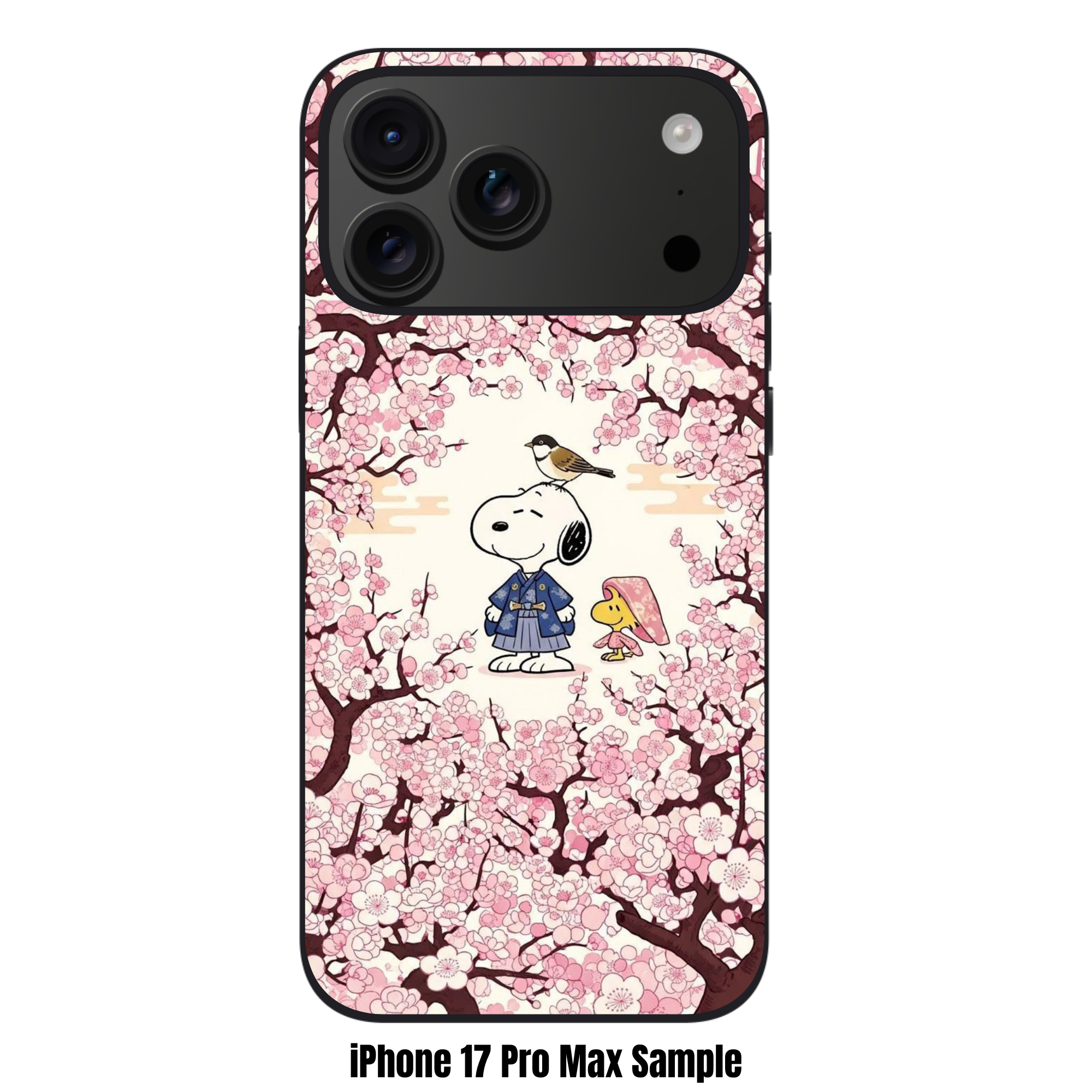 Peanuts Snoopy Phone Case For iPhone Samsung Galaxy Pixel - Peanuts Snoopy In A Blue Kimono And Woodstock Under Pink Cherry Blossoms Background