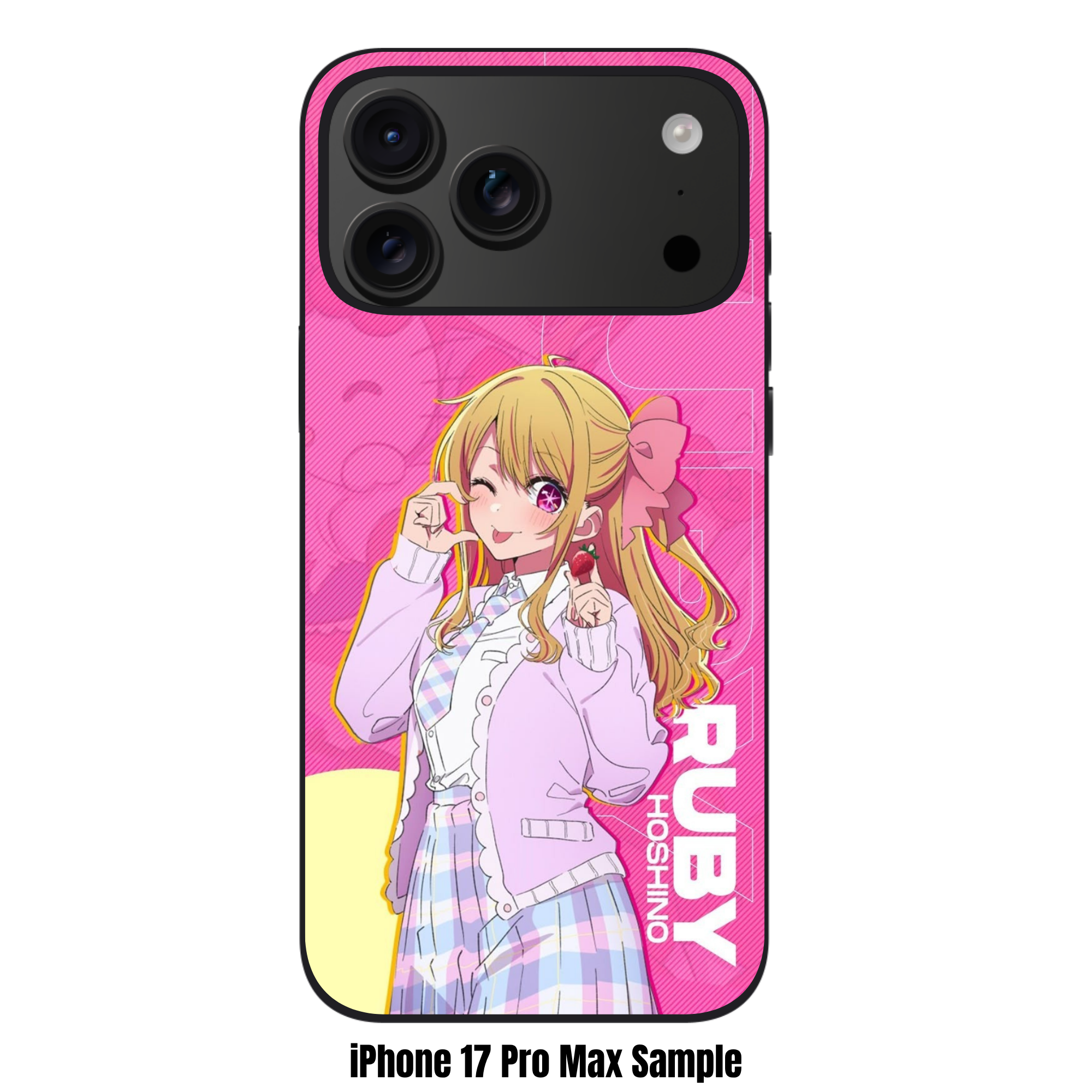 Oshi No Ko Ruby Hoshino Phone Case For iPhone Samsung Galaxy Pixel - Ruby Hoshino Holding Strawberry On Pink Graphic Background