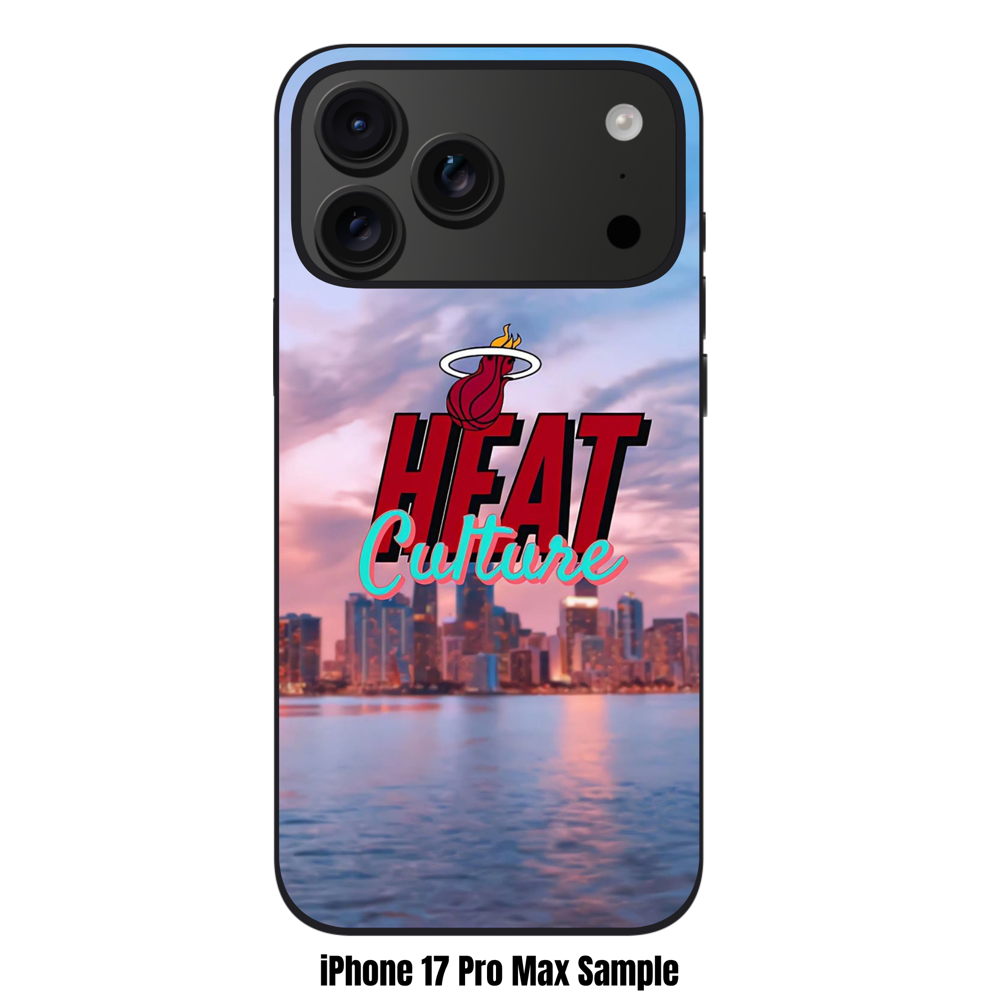 NBA Miami Heat Phone Case For iPhone Samsung Galaxy Pixel - Miami Heat Logo Over Miami Skyline Background