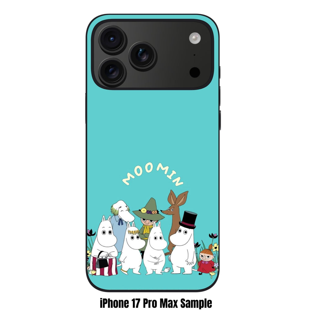 Moomins Phone Case For iPhone Samsung Galaxy Pixel - Moomin Characters In Flower Field Under Logo In Turquoise Background