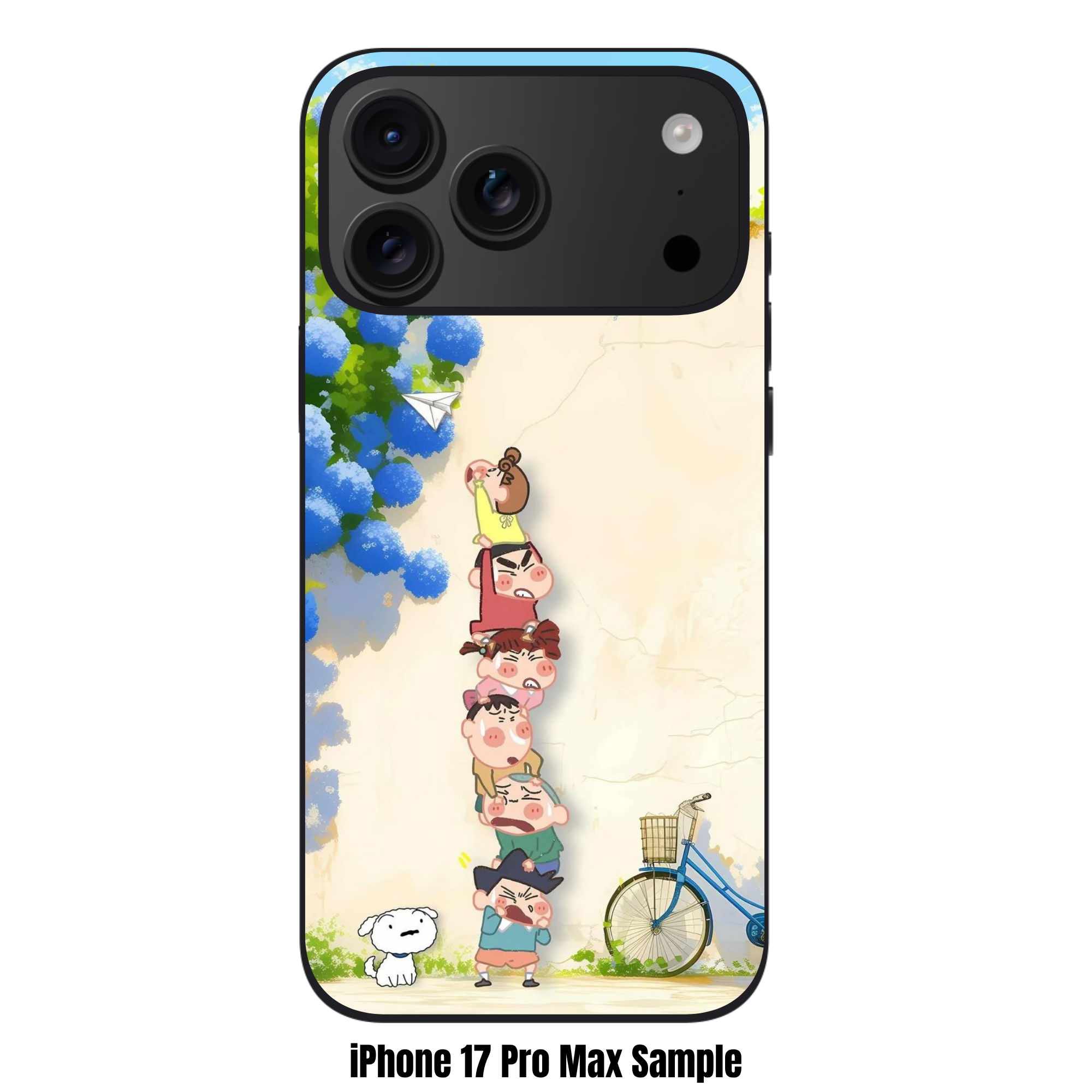 Crayon Shin Chan Phone Case For iPhone Samsung Galaxy Pixel - Crayon Shin Chan Characters Tower With Hydrangeas On Warm Ivory Backdrop