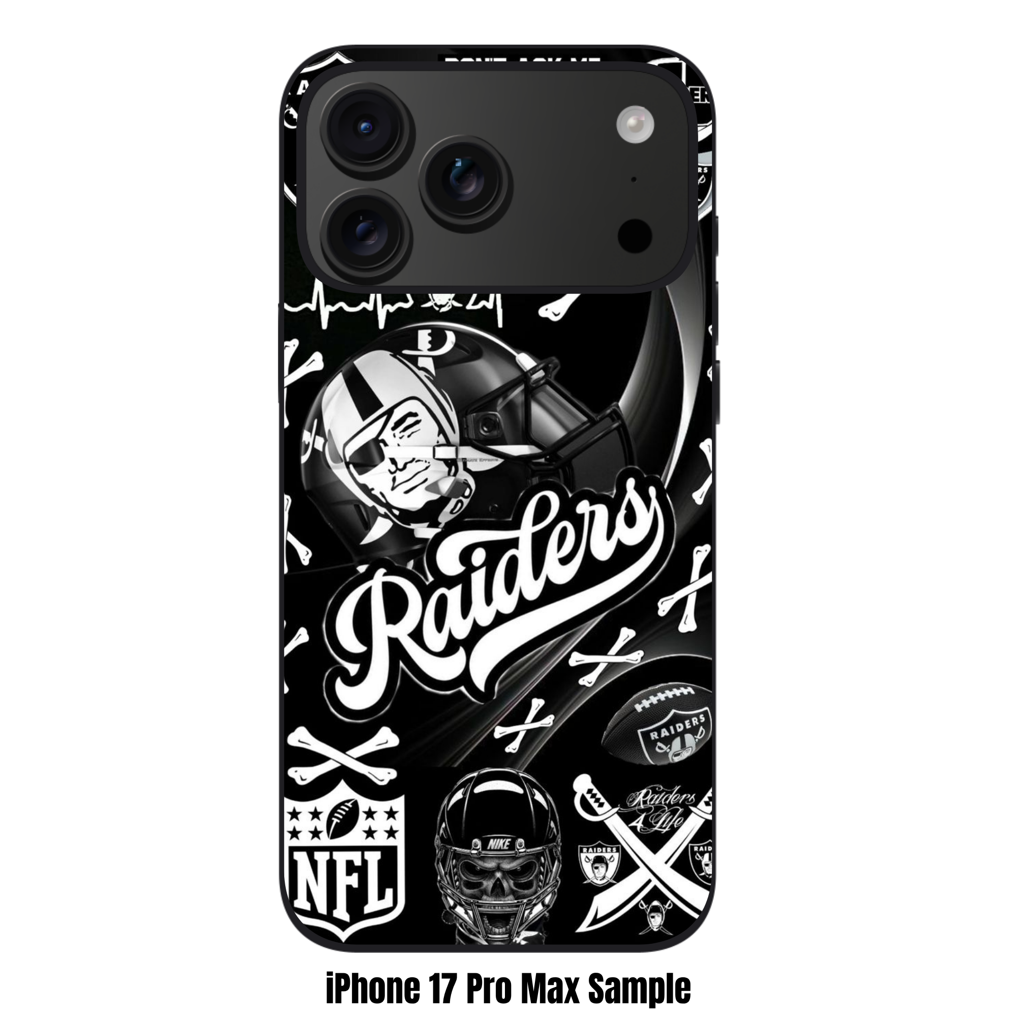 NFL Las Vegas Raiders Phone Case For iPhone Samsung Galaxy Pixel - Las Vegas Raiders Logos And Skull Helmet Pattern On Black Background