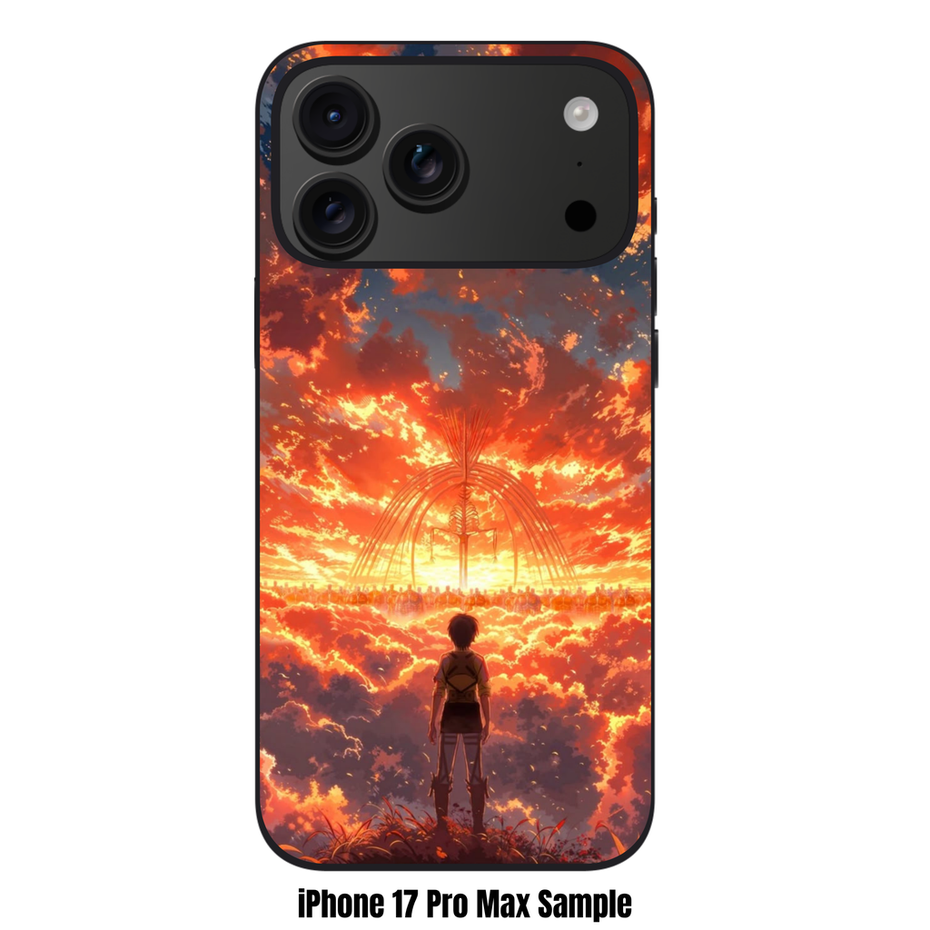 Attack on Titan Eren Phone Case For iPhone Samsung Galaxy Pixel - Eren Yeager Facing Founding Titan Under Orange Sky Background