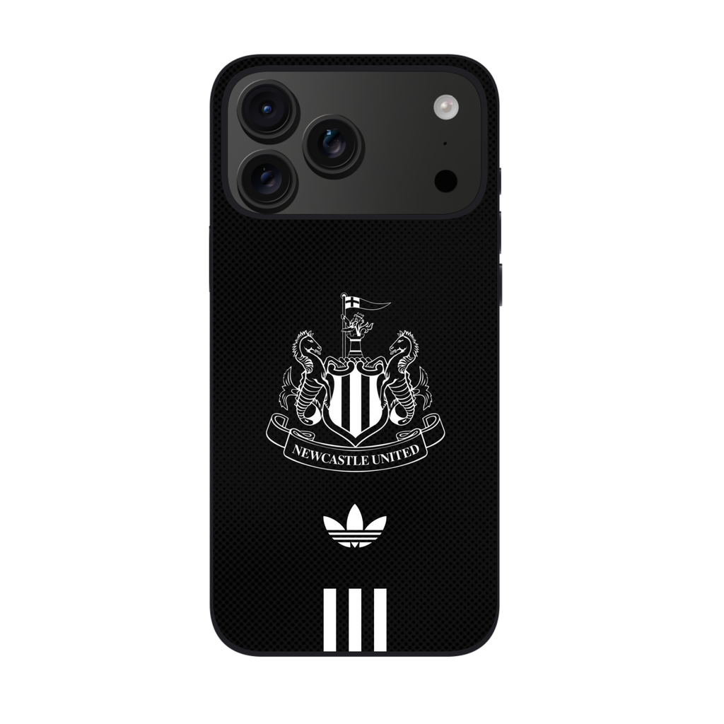 Newcastle United FC Phone Case For iPhone Samsung Galaxy Pixel - Newcastle United FC Crest And Adidas Trefoil Logo On Black Textured Background