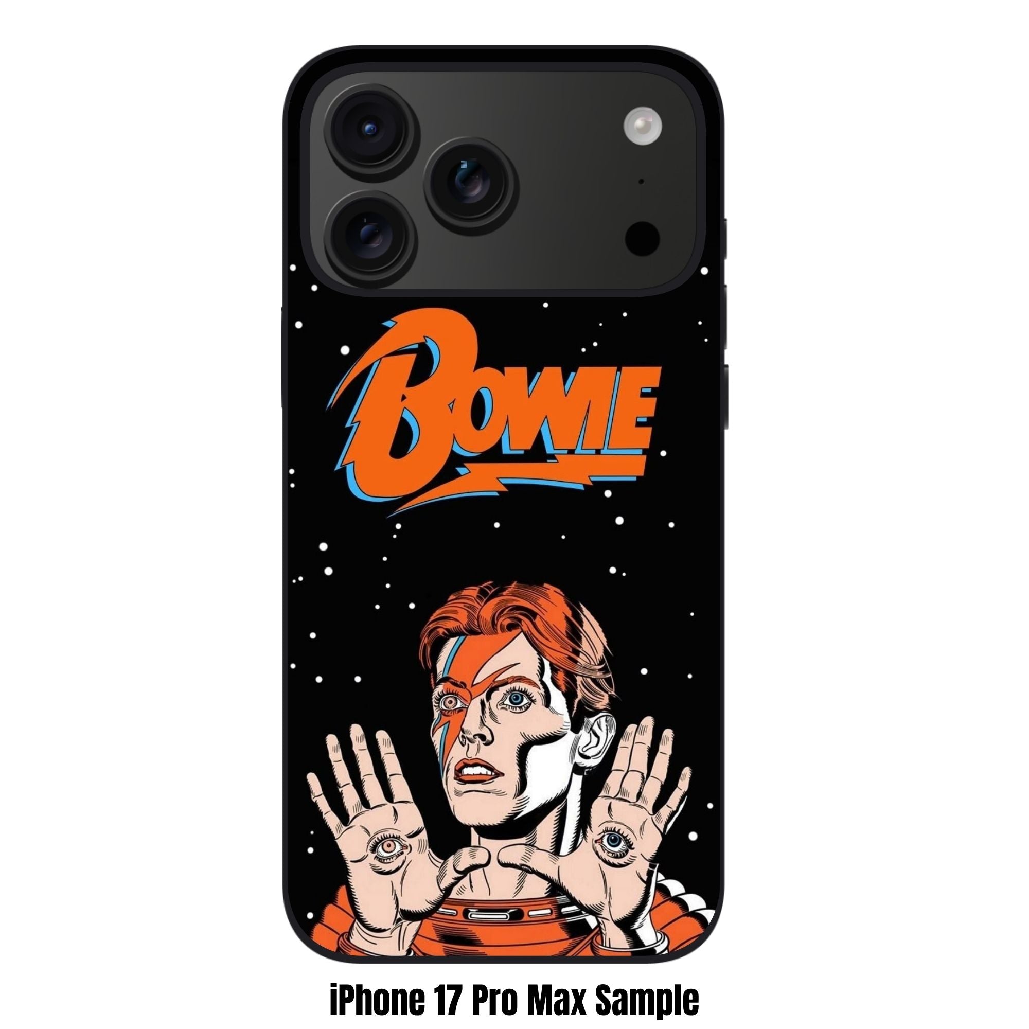 David Bowie Phone Case For iPhone Samsung Galaxy Pixel - David Bowie Comic Art Logo And Spaceman Illustration On Starry Black Background