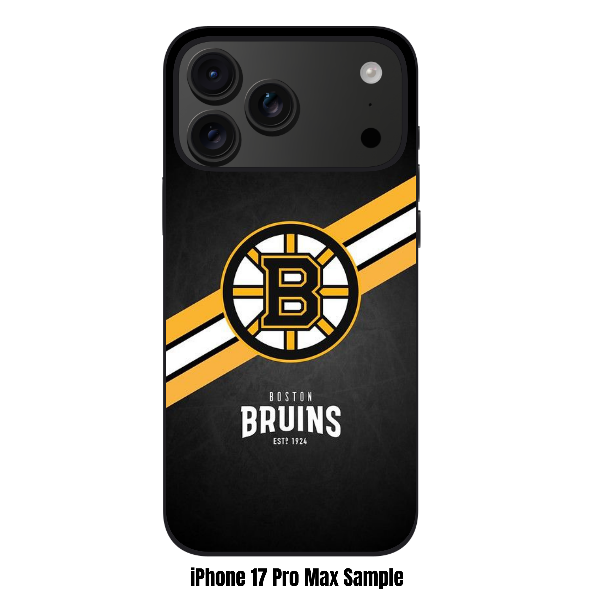 NHL Boston Bruins Phone Case For iPhone Samsung Galaxy Pixel - Boston Bruins Logo And Diagonal Stripes On Textured Black Background