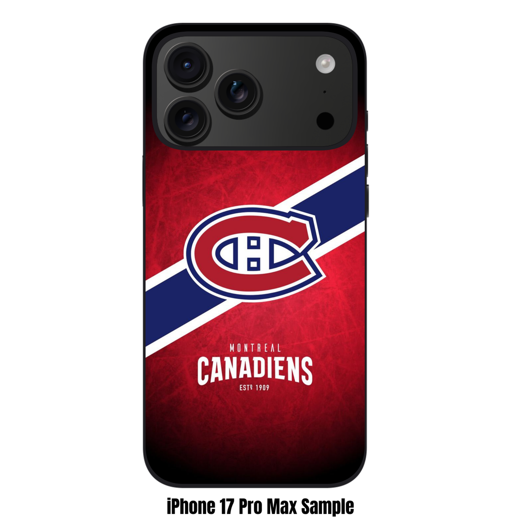 NHL Montreal Canadiens Phone Case For iPhone Samsung Galaxy Pixel - Montreal Canadiens Logo And Diagonal Stripes On Textured Red Background