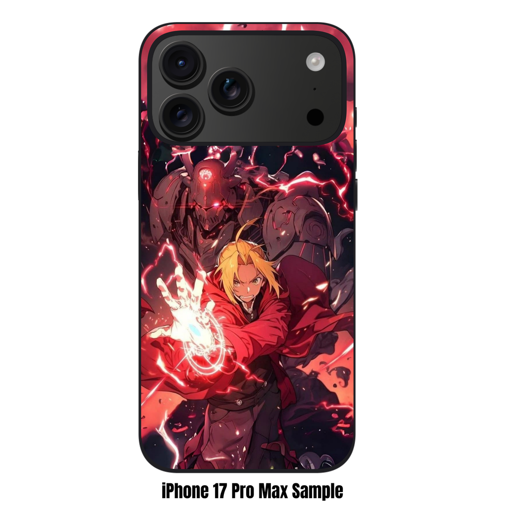 Fullmetal Alchemist Phone Case For iPhone Samsung Galaxy Pixel - Edward Elric Performing Alchemy With Alphonse Elric And Red Lightning Energy On Dark Red Background