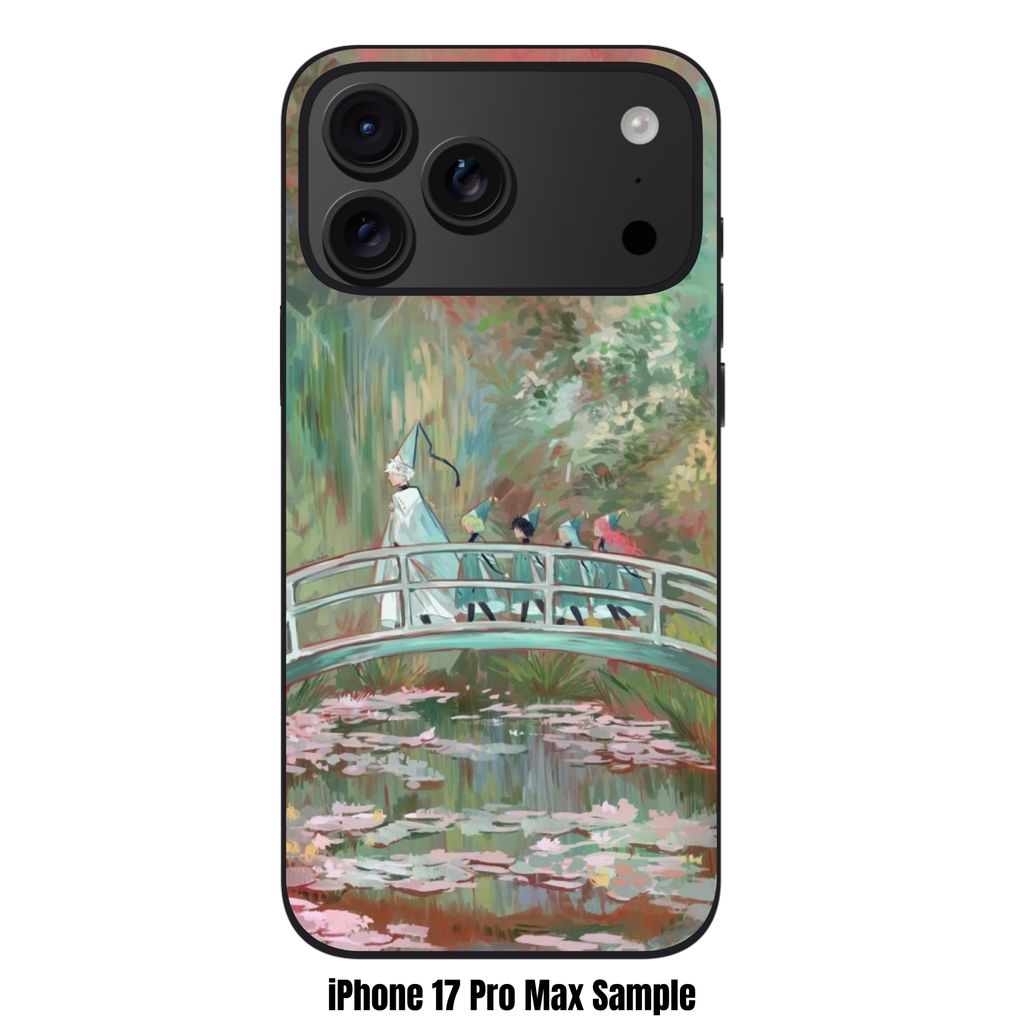 Witch Hat Atelier Phone Case For iPhone Samsung Galaxy Pixel - Witch Hat Atelier Cast Walking Across Monet Style Water Lily Pond Bridge Background